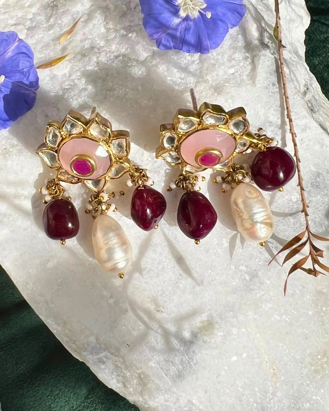 Gold Plated Ruby With Pearl Kundan Uncut Polki Jadau Silver Stud Earring Jewelry