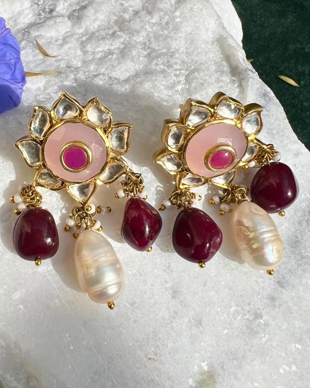 Gold Plated Ruby With Pearl Kundan Uncut Polki Jadau Silver Stud Earring Jewelry