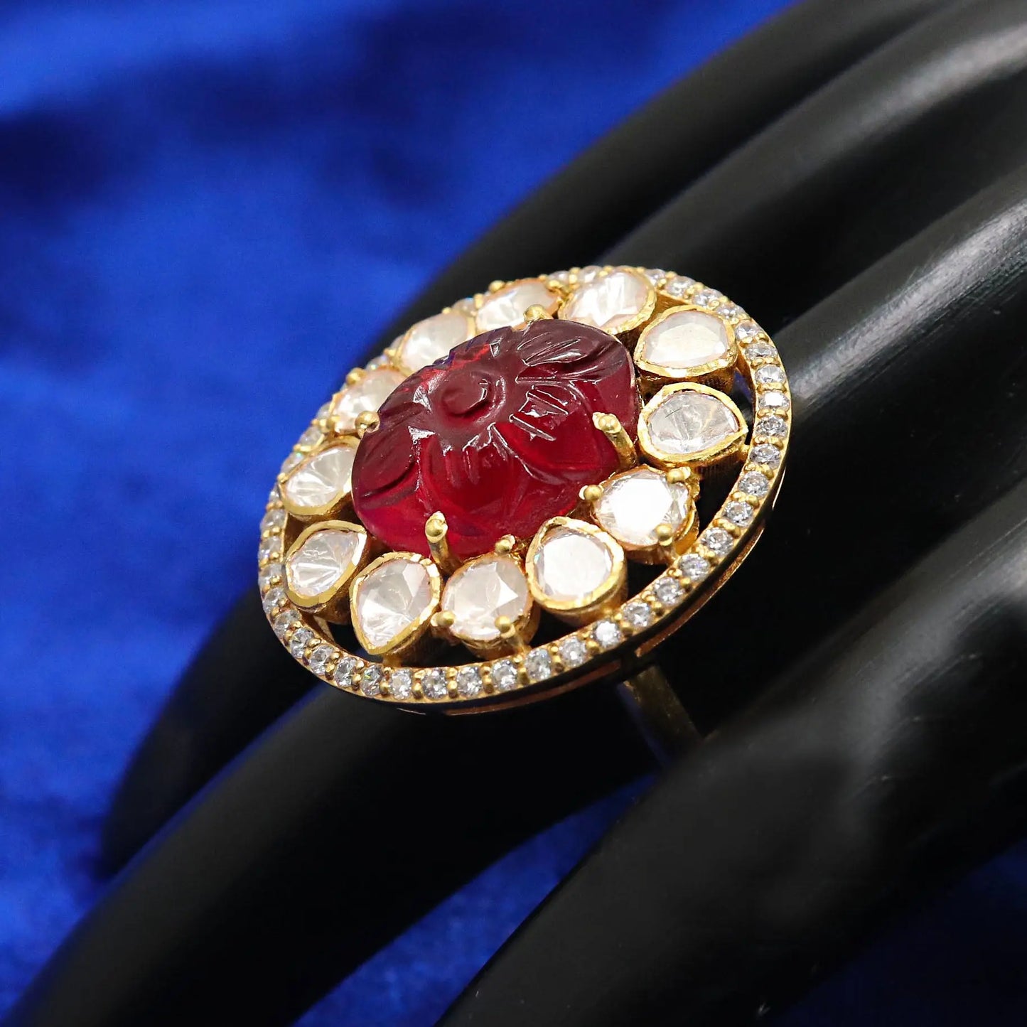 Gold Plated Spinal Ruby, Moissanite Gemstone And CZ Adjustable Ring Jewelry