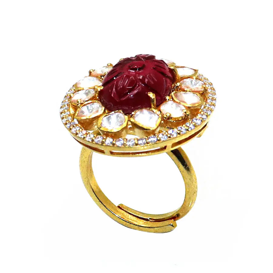 Gold Plated Spinal Ruby, Moissanite Gemstone And CZ Adjustable Ring Jewelry