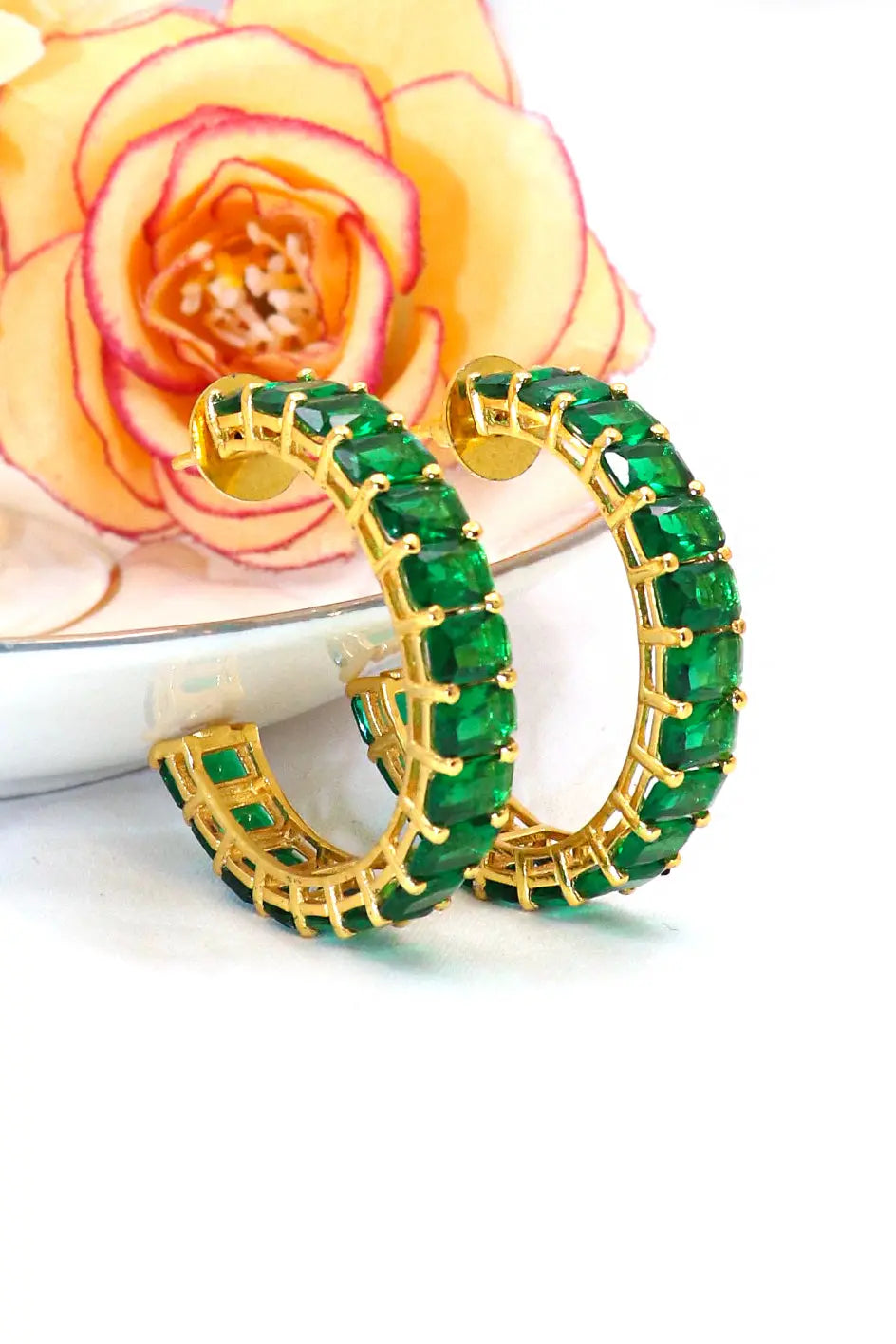 Gold Plated Stylish Green Gemstone Women Hoop Earring