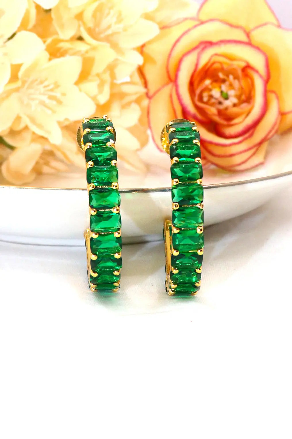 Gold Plated Stylish Green Gemstone Women Hoop Earring