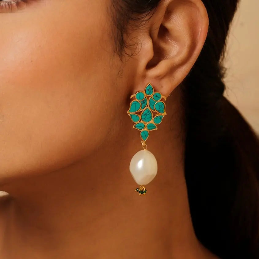 Gold Plated Turquoise Celestial Sea Pearl Studs Earring jewelry