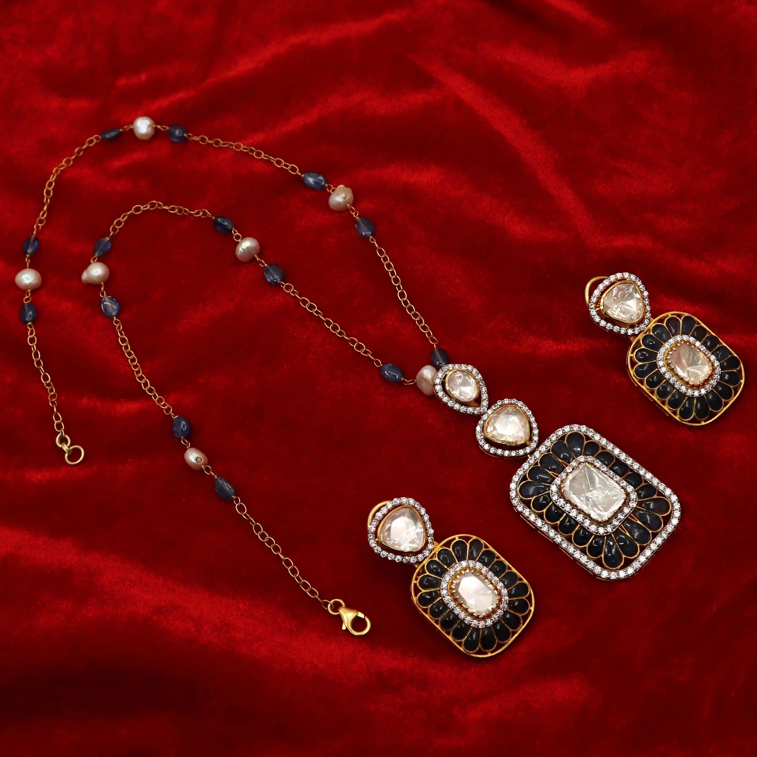 Gold Plated kyanite, Moissanite Gemstone And Pearl Necklace Set Traditional Jewelry VJewels