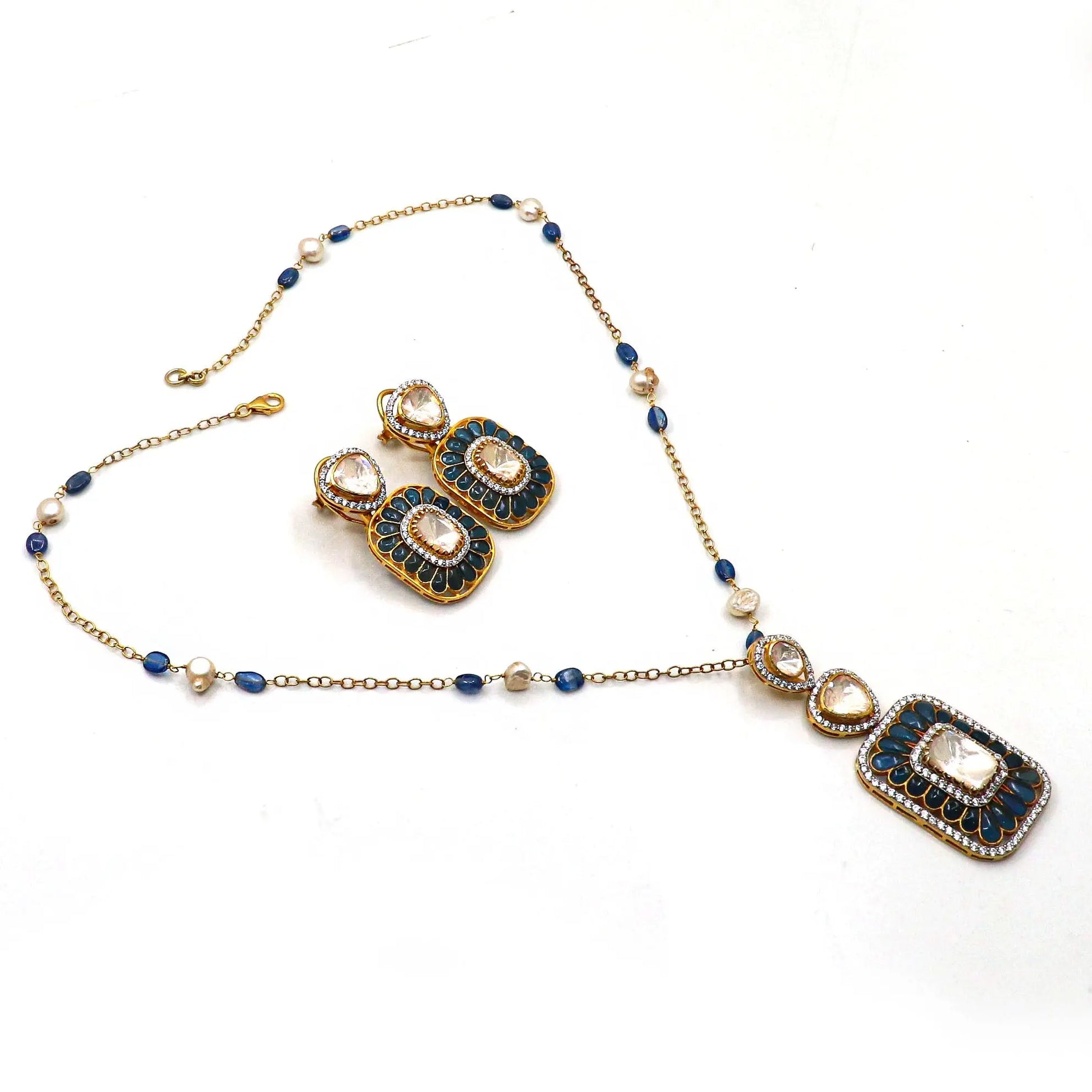 Gold Plated kyanite, Moissanite Gemstone And Pearl Necklace Set Traditional Jewelry VJewels