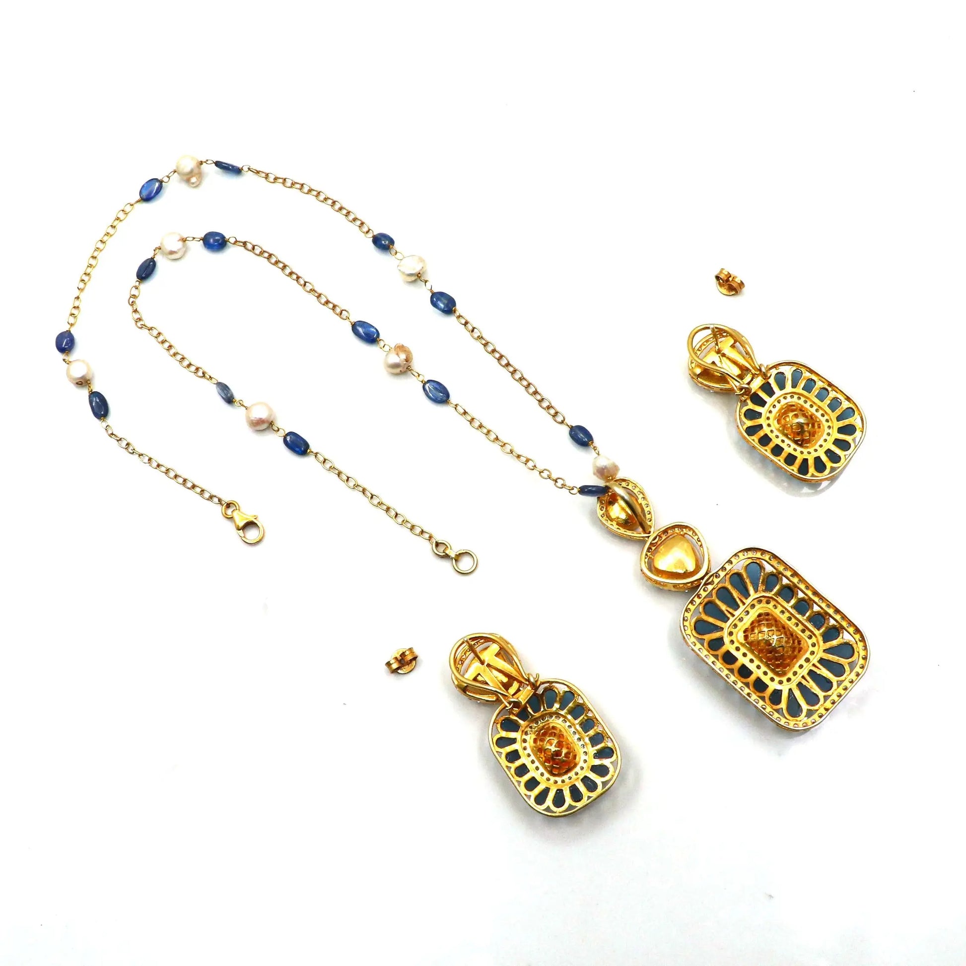 Gold Plated kyanite, Moissanite Gemstone And Pearl Necklace Set Traditional Jewelry VJewels