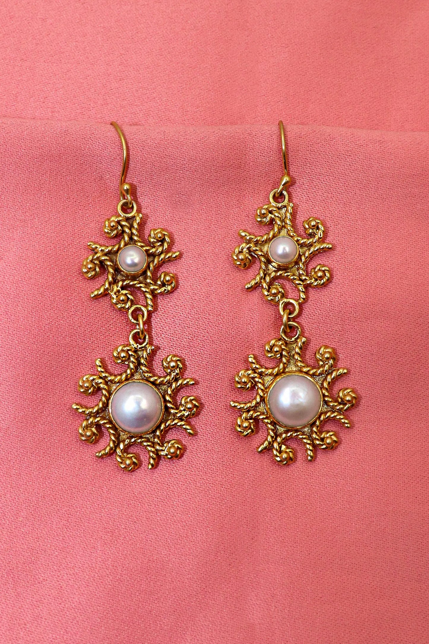 Gold-Plated with Unique Pearl Gemstone Dangle Flower Design Earring Jewelry