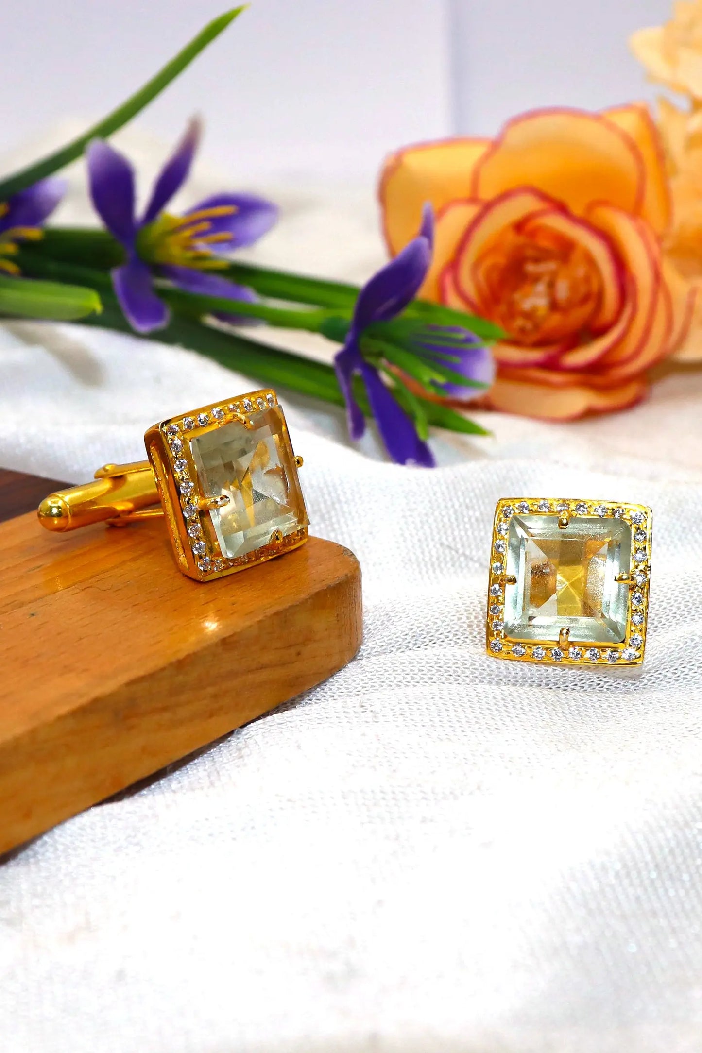 Green Amethyst with Zircon cufflinks Jewelry