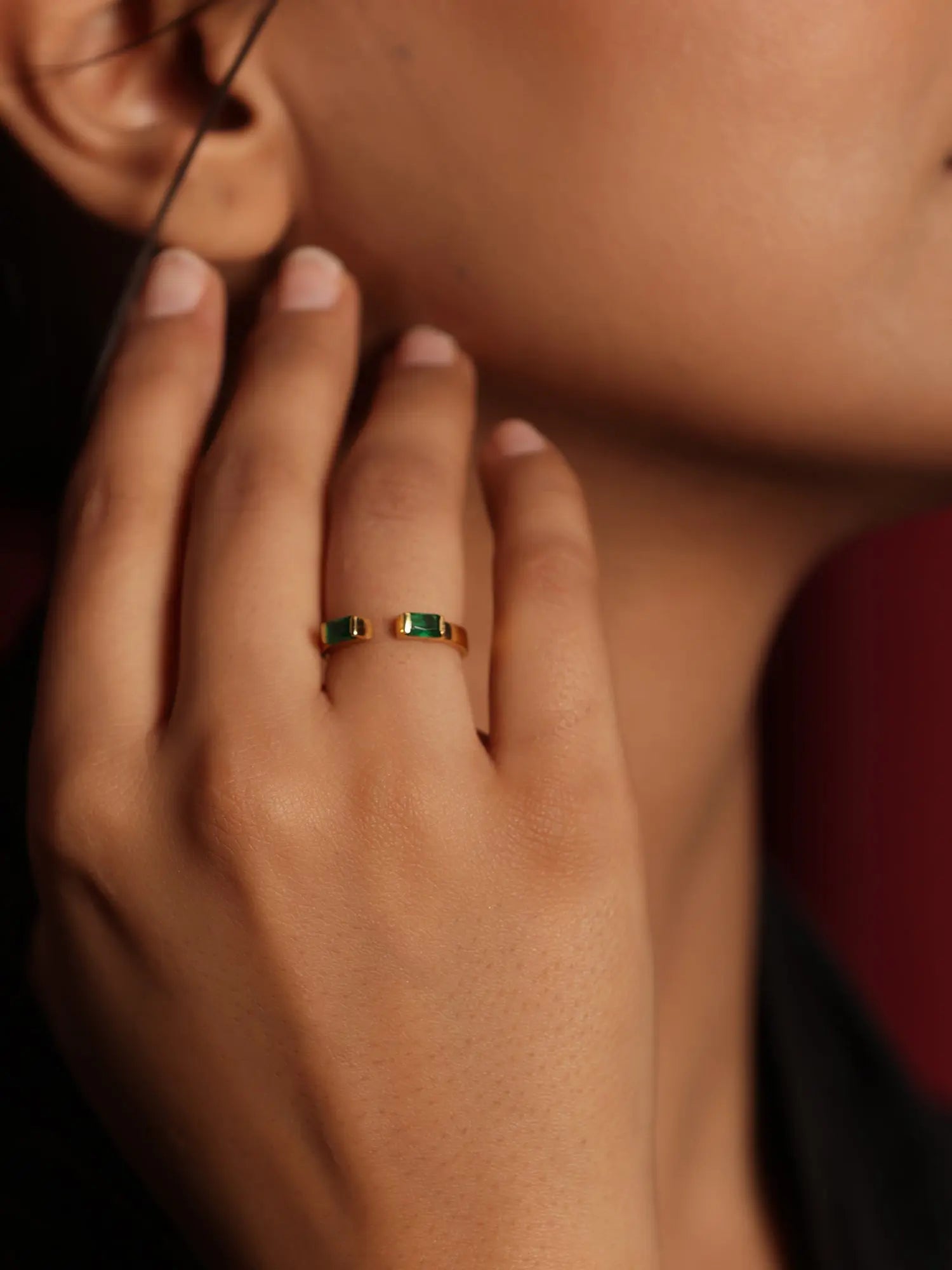 Green onyx Two Stone DAO Bagutte Open Gold Plated Ring Jewelry