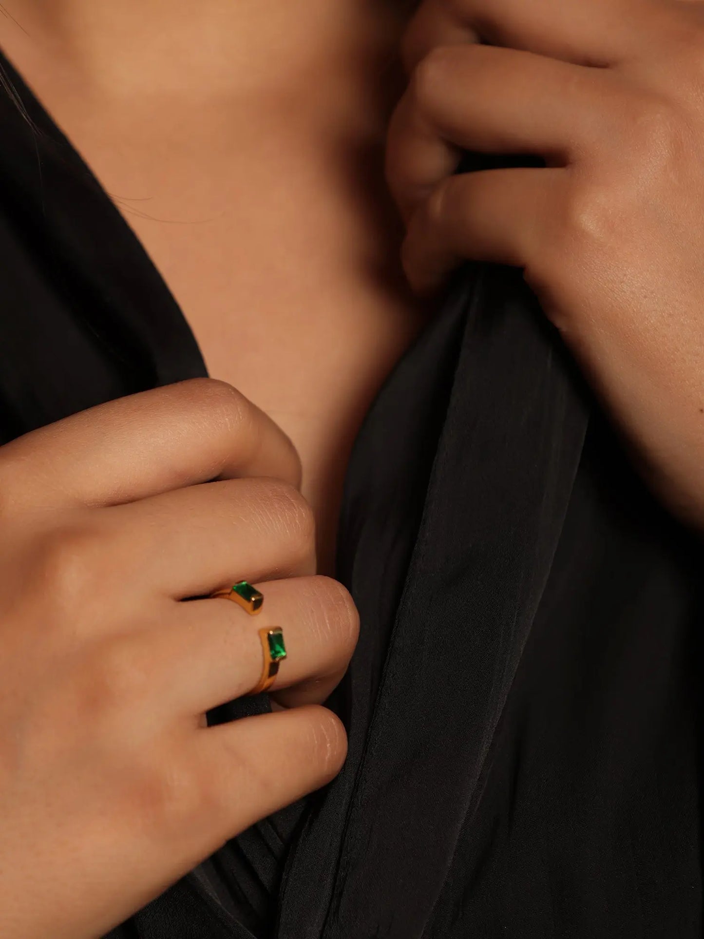 Green onyx Two Stone DAO Bagutte Open Gold Plated Ring Jewelry