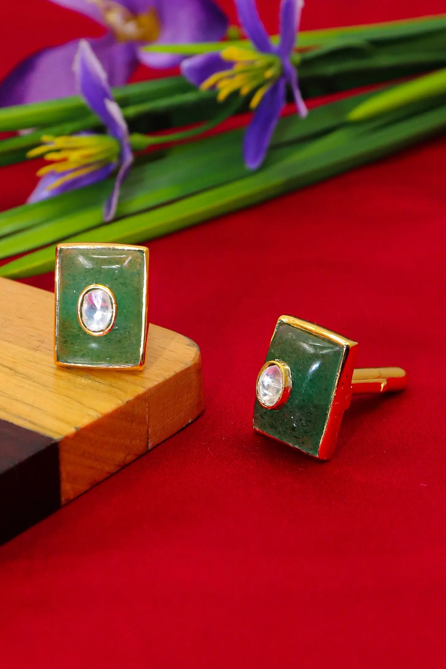 Handcrafted Artisan Cufflinks with Gold Plating Moissanite and Green Onyx Gemstones Cufflinks for Men's