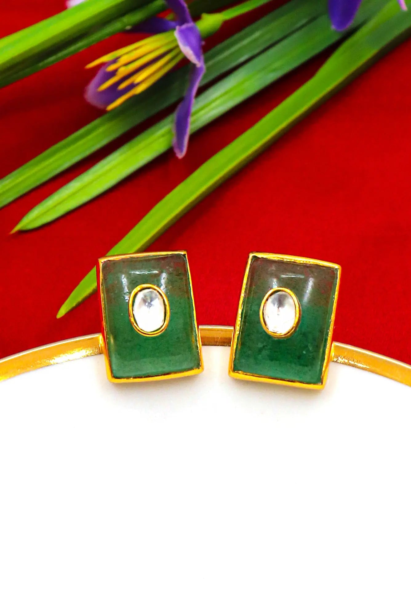 Handcrafted Artisan Cufflinks with Gold Plating Moissanite and Green Onyx Gemstones Cufflinks for Men's