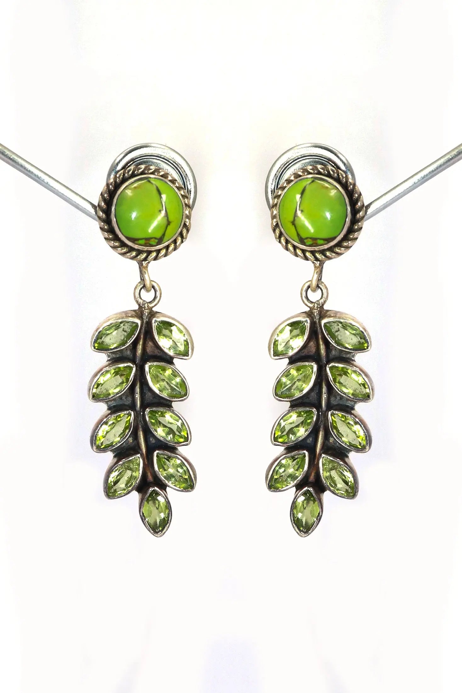 Handmade Copper Turquoise, Peridot Gemstone Earrings for Women