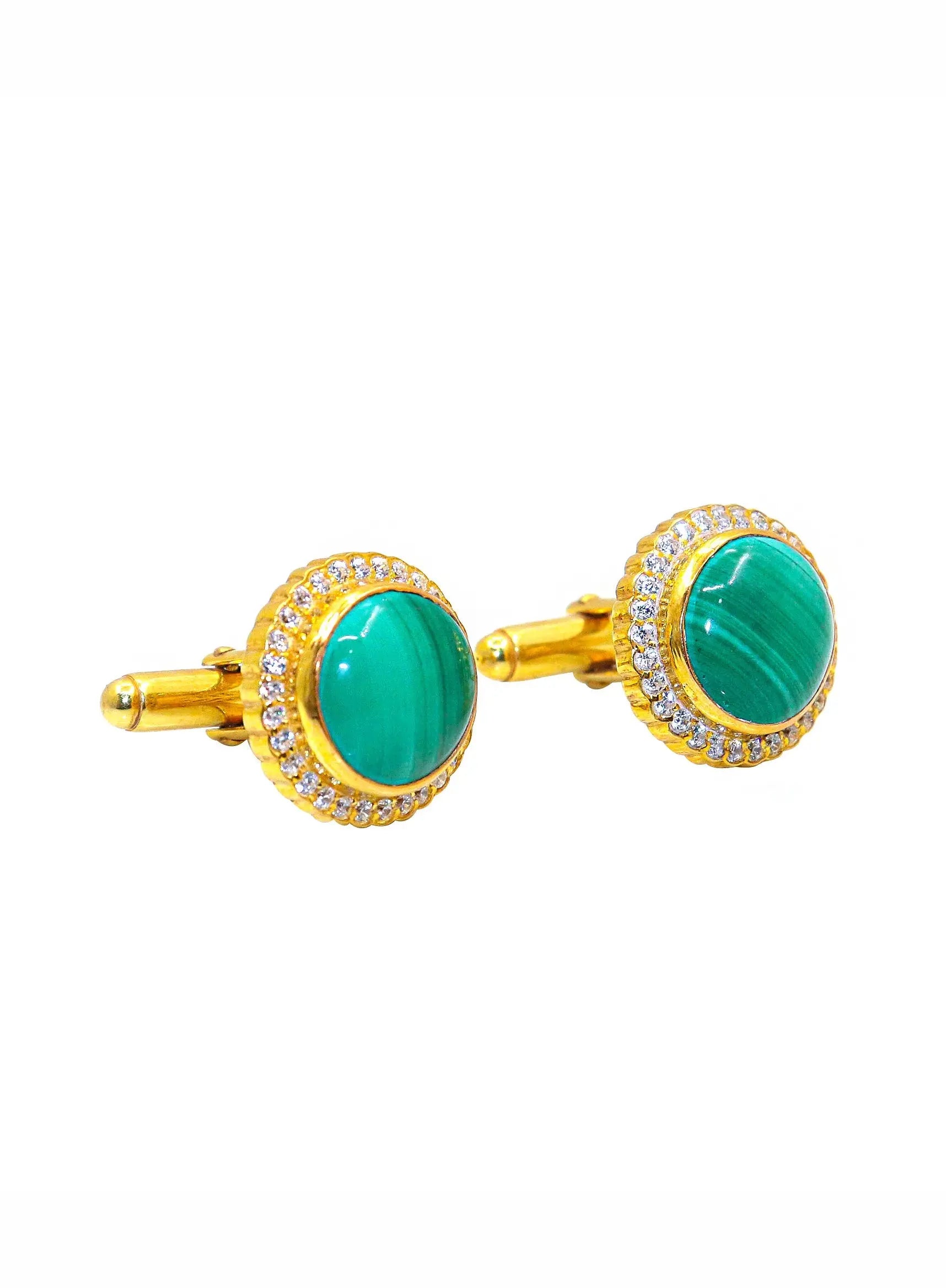 Gold Plated Malachite Gemstone With CZ Cufflinks Jewelry - VJewels