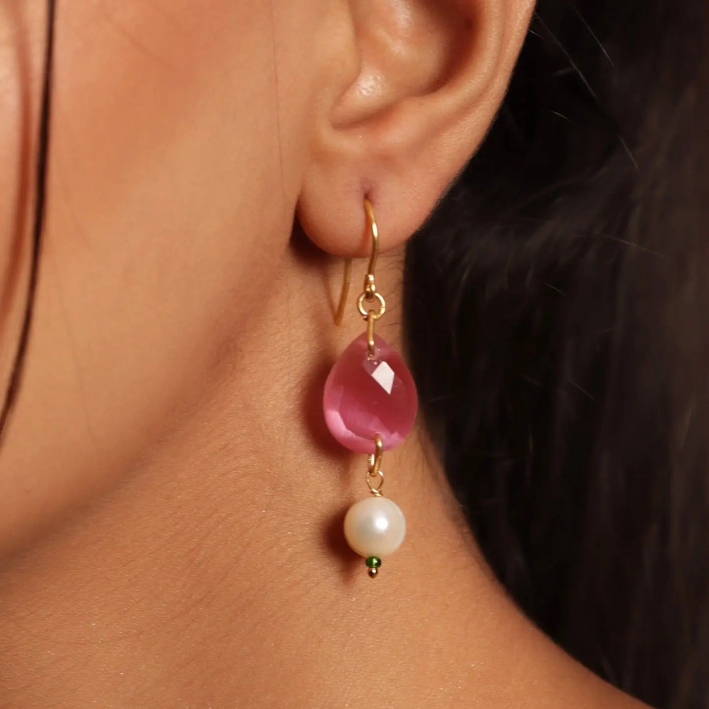 Incredible Ruby Lite & Pearl Gold Plated Dangling Earrings Jewelry