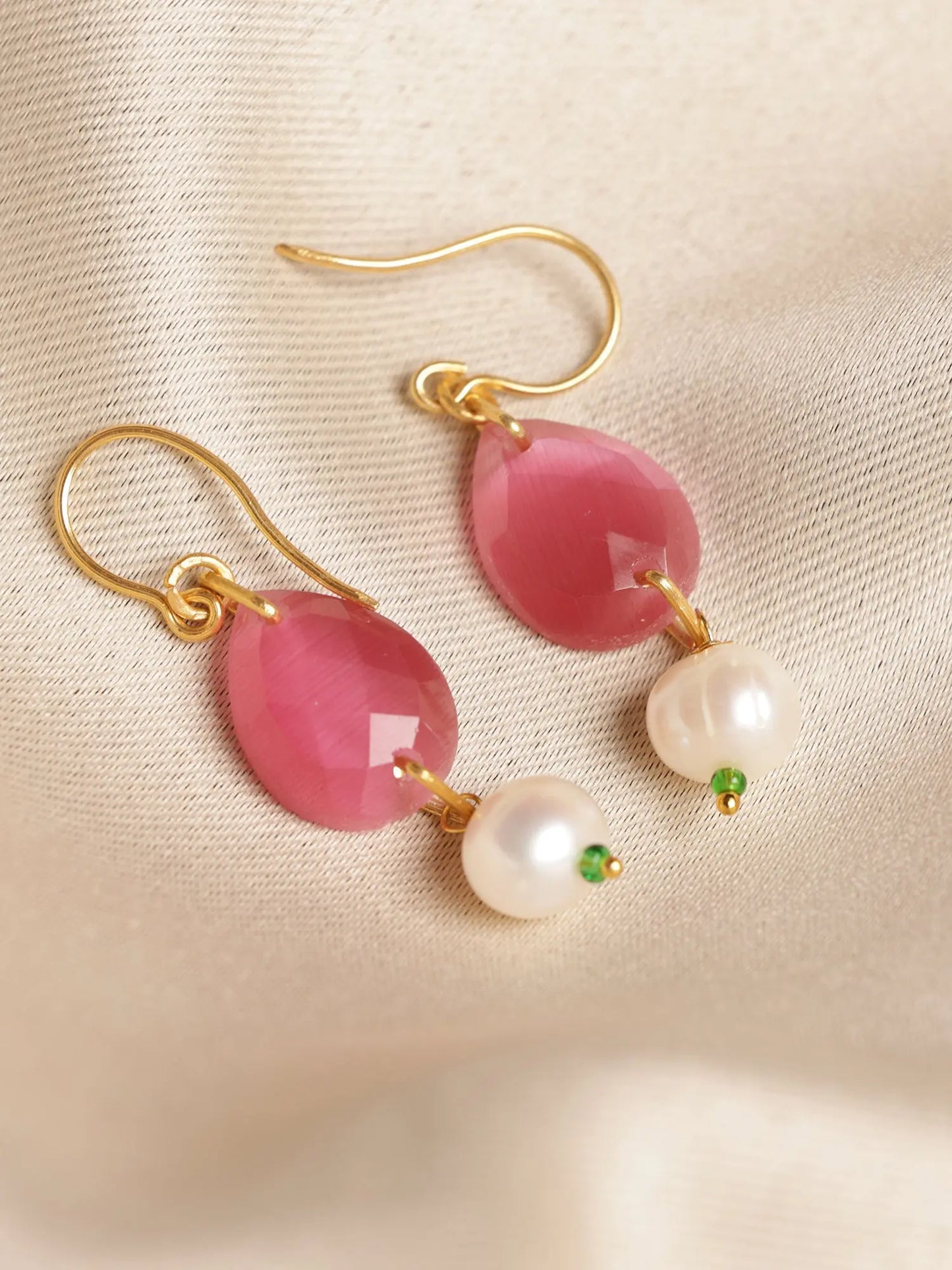 Incredible Ruby Lite & Pearl Gold Plated Dangling Earrings Jewelry