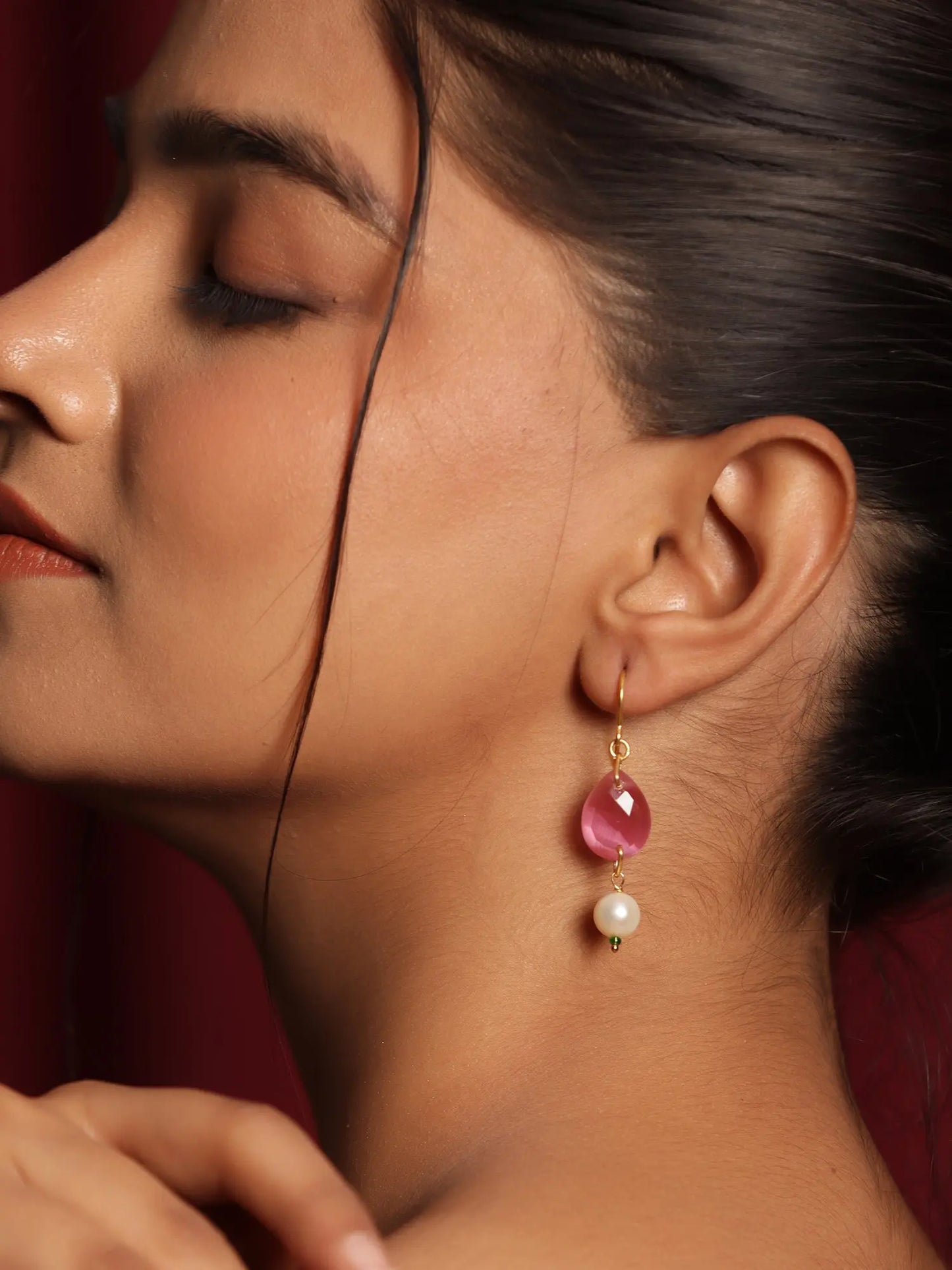 Incredible Ruby Lite & Pearl Gold Plated Dangling Earrings Jewelry