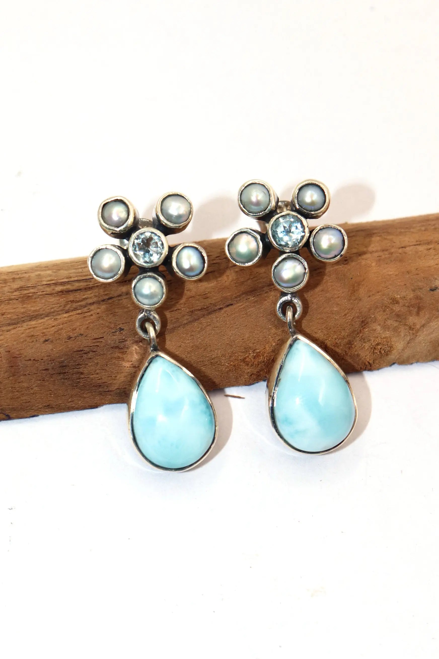 Larimar with Blue Topaz And Pearl Gemstone Earring Jewelry