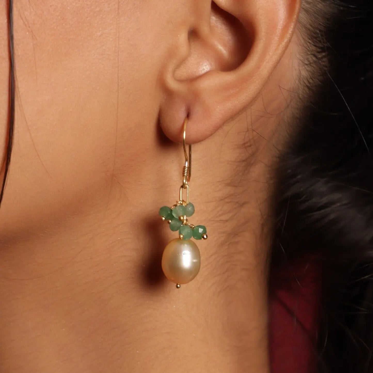 Luxurious Fresh Pearl & Emerald Gold Plated Grapes Hook Earrings Jewelry