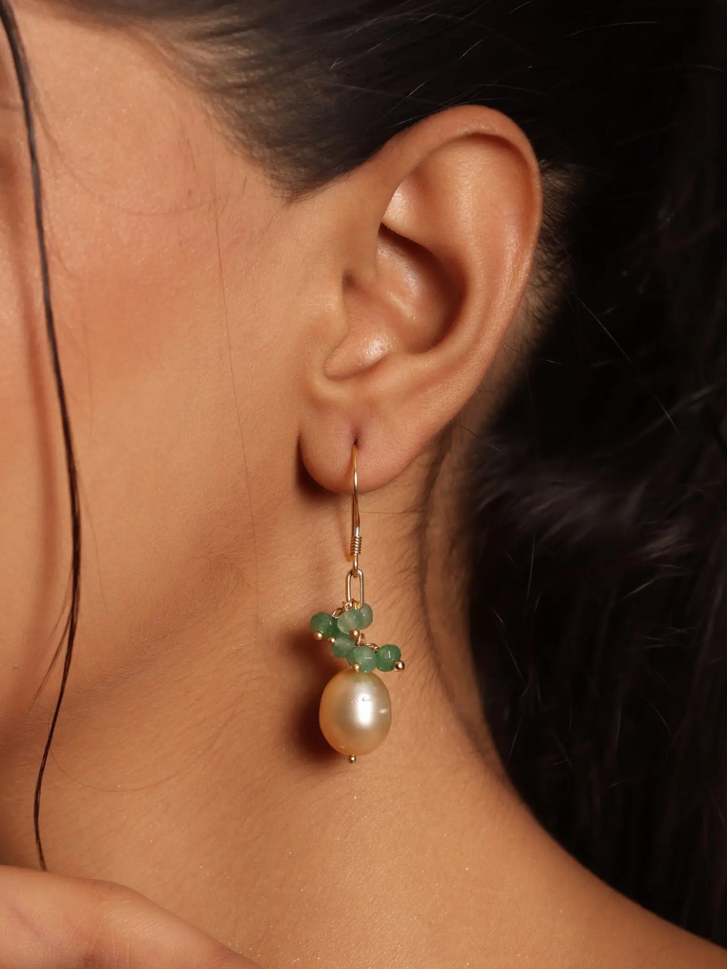 Luxurious Fresh Pearl & Emerald Gold Plated Grapes Hook Earrings Jewelry