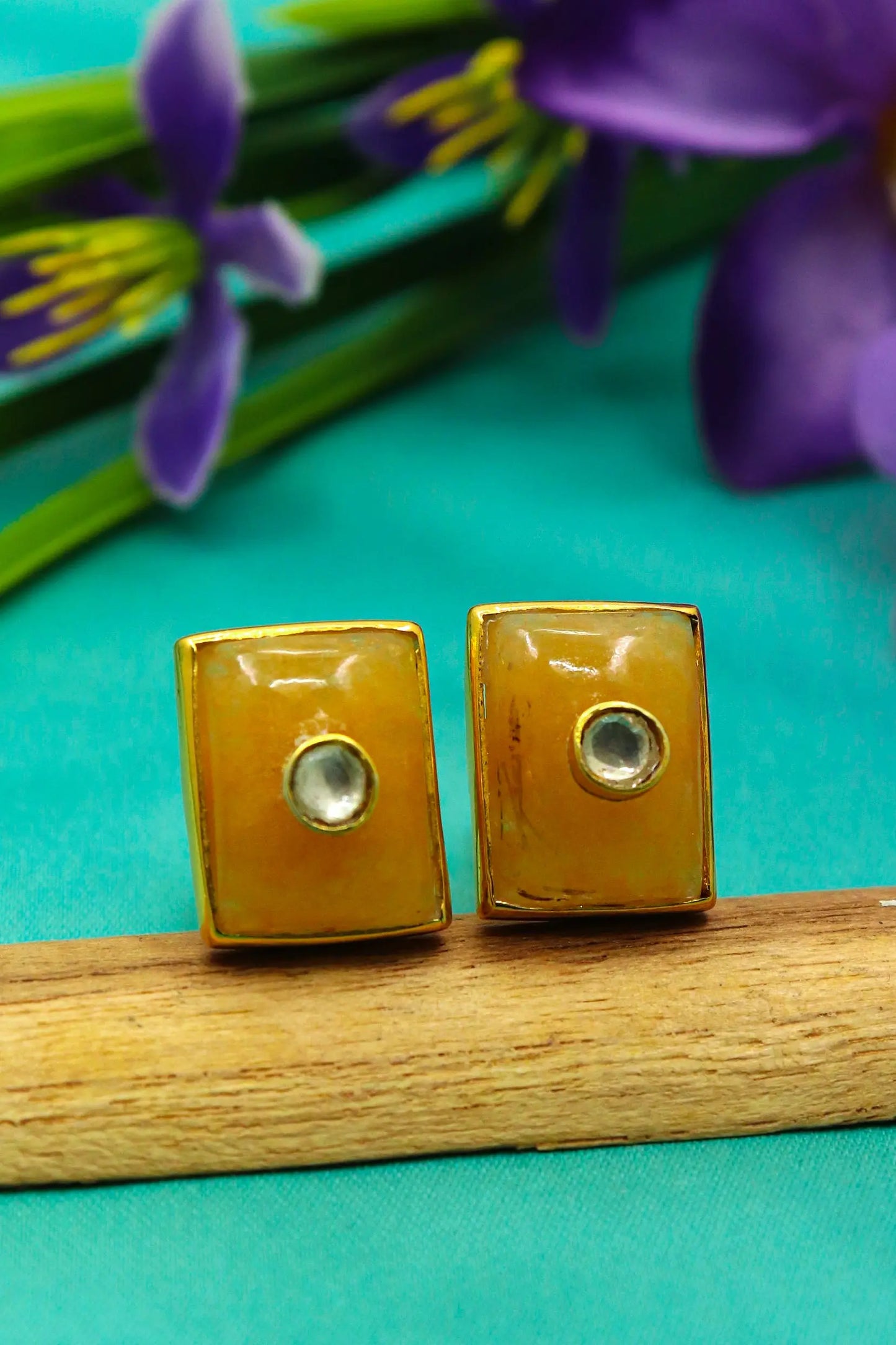 Luxury Men’s Cufflinks with Moissanite and Mango Quartz's Gemstones in Gold Plating Jewelry