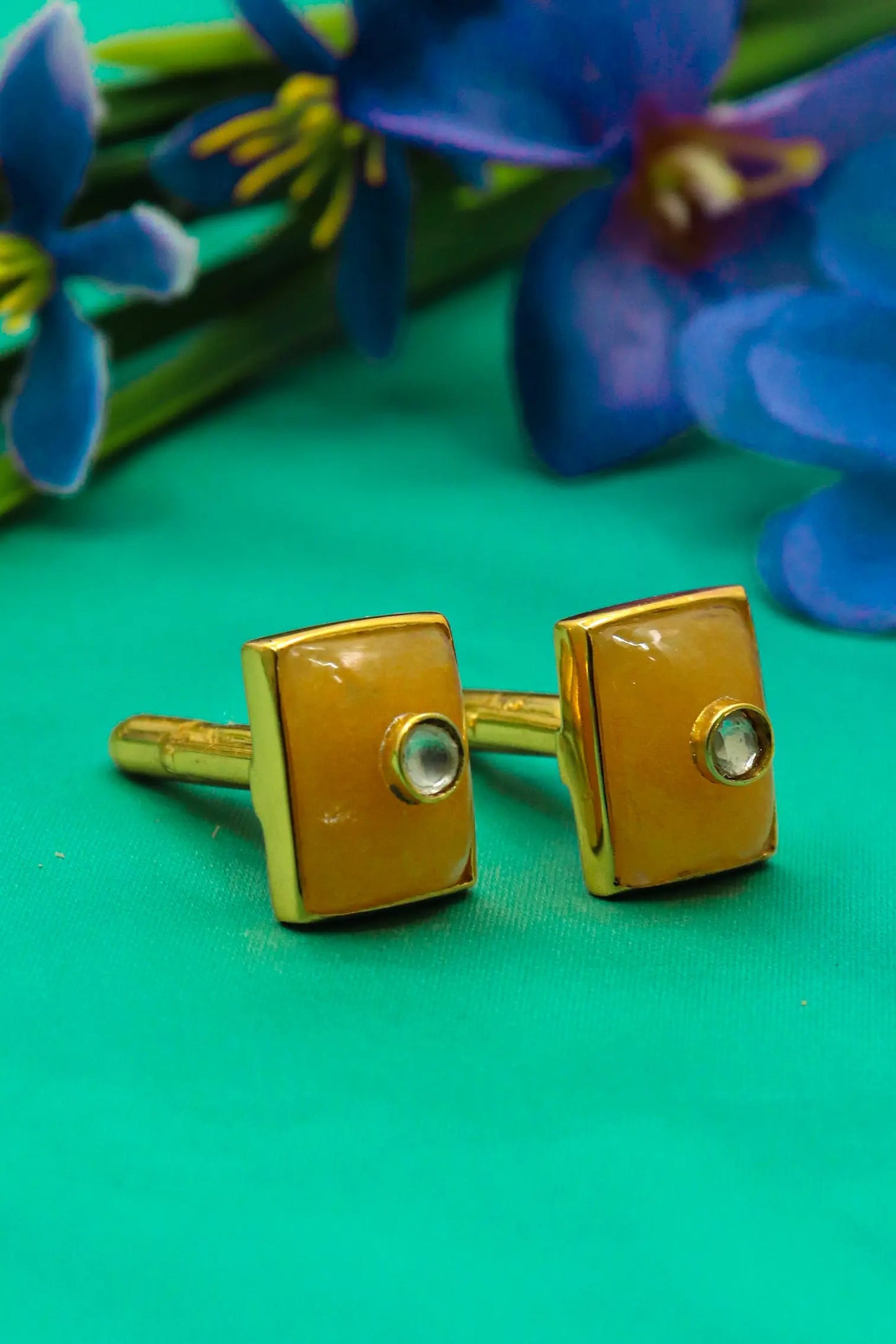 Luxury Men’s Cufflinks with Moissanite and Mango Quartz's Gemstones in Gold Plating Jewelry