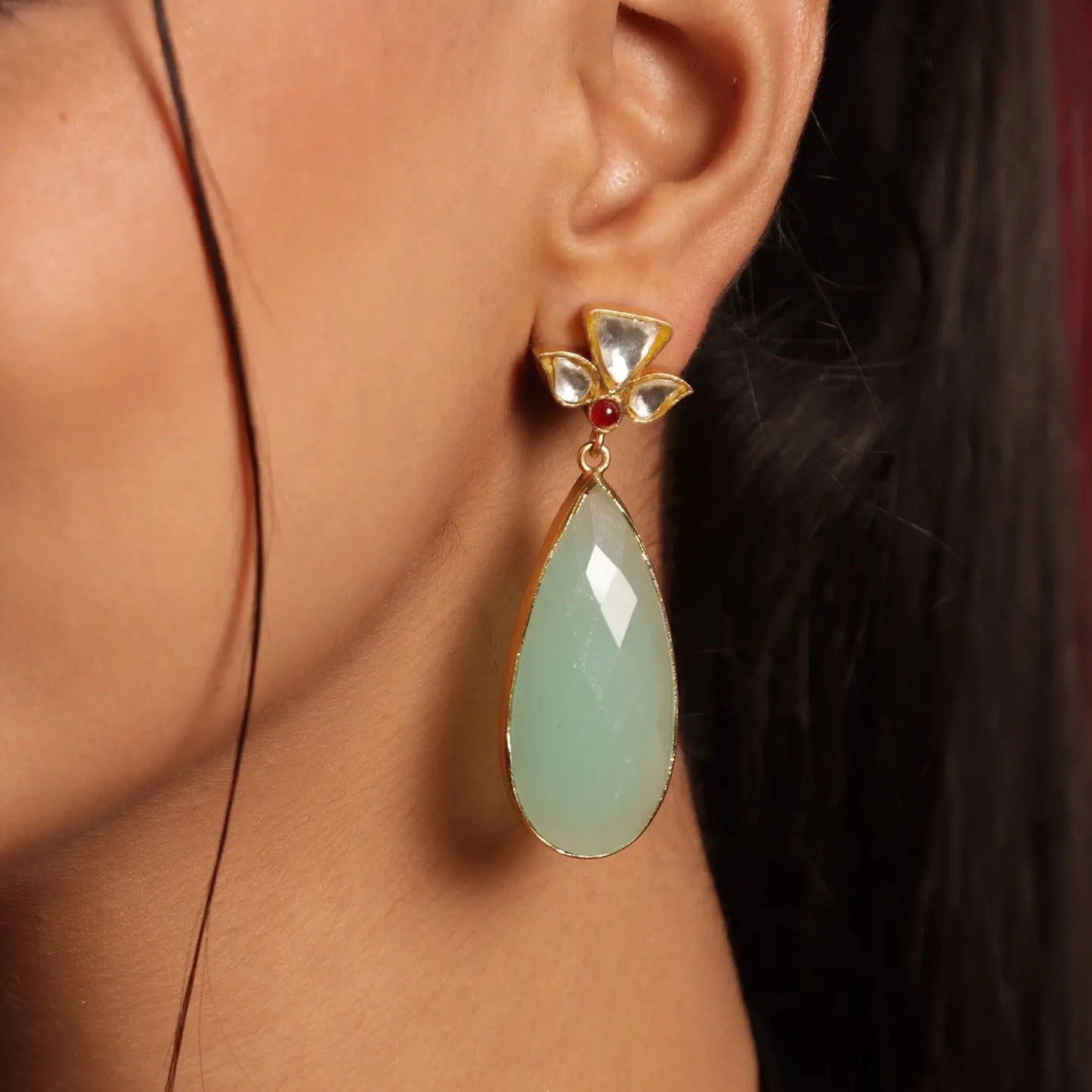 Majestic Mint Green Chalcedony & Uncut Diamond Polki Gold Plated Stud Earrings Jewelry