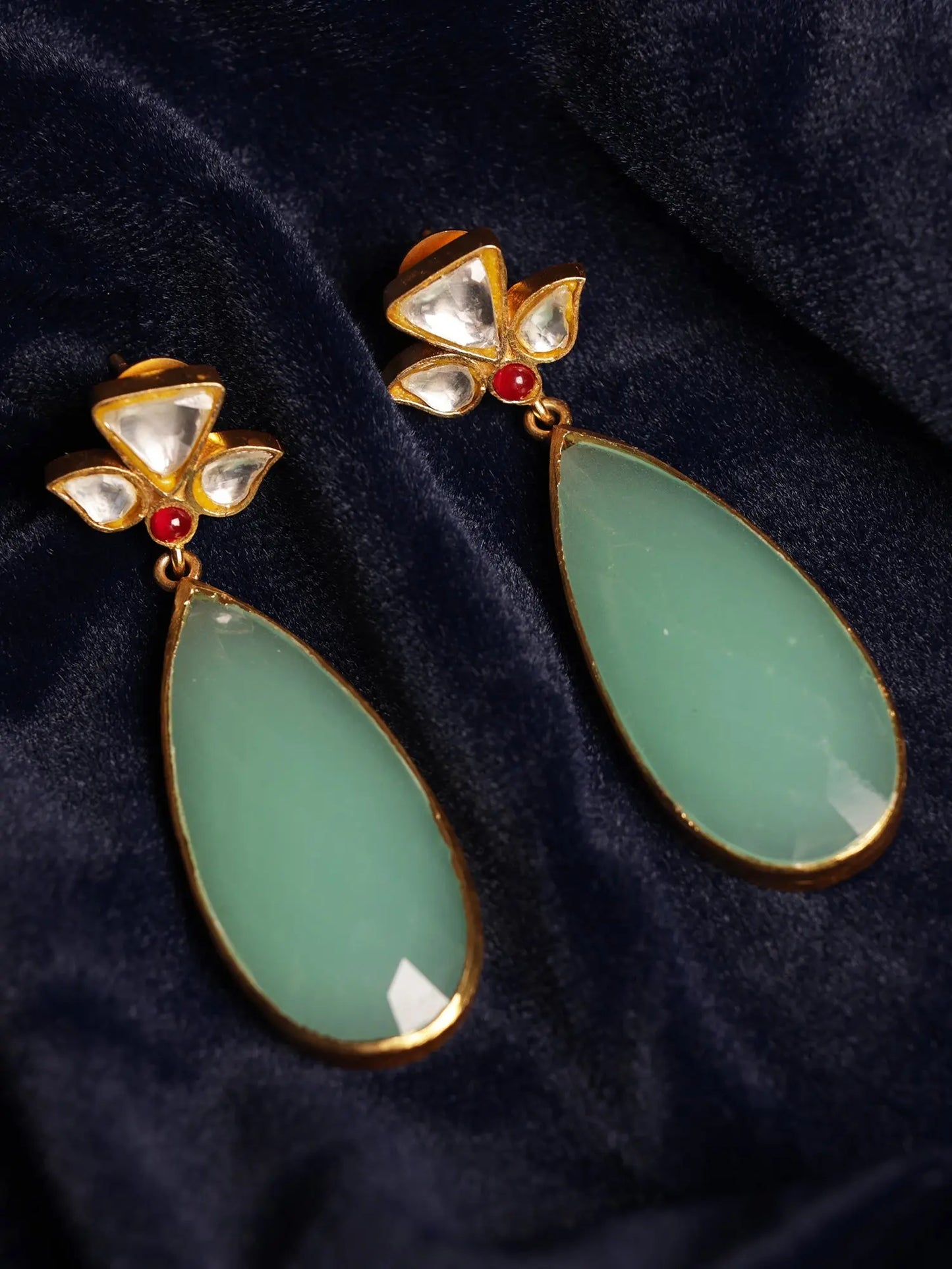 Majestic Mint Green Chalcedony & Uncut Diamond Polki Gold Plated Stud Earrings Jewelry