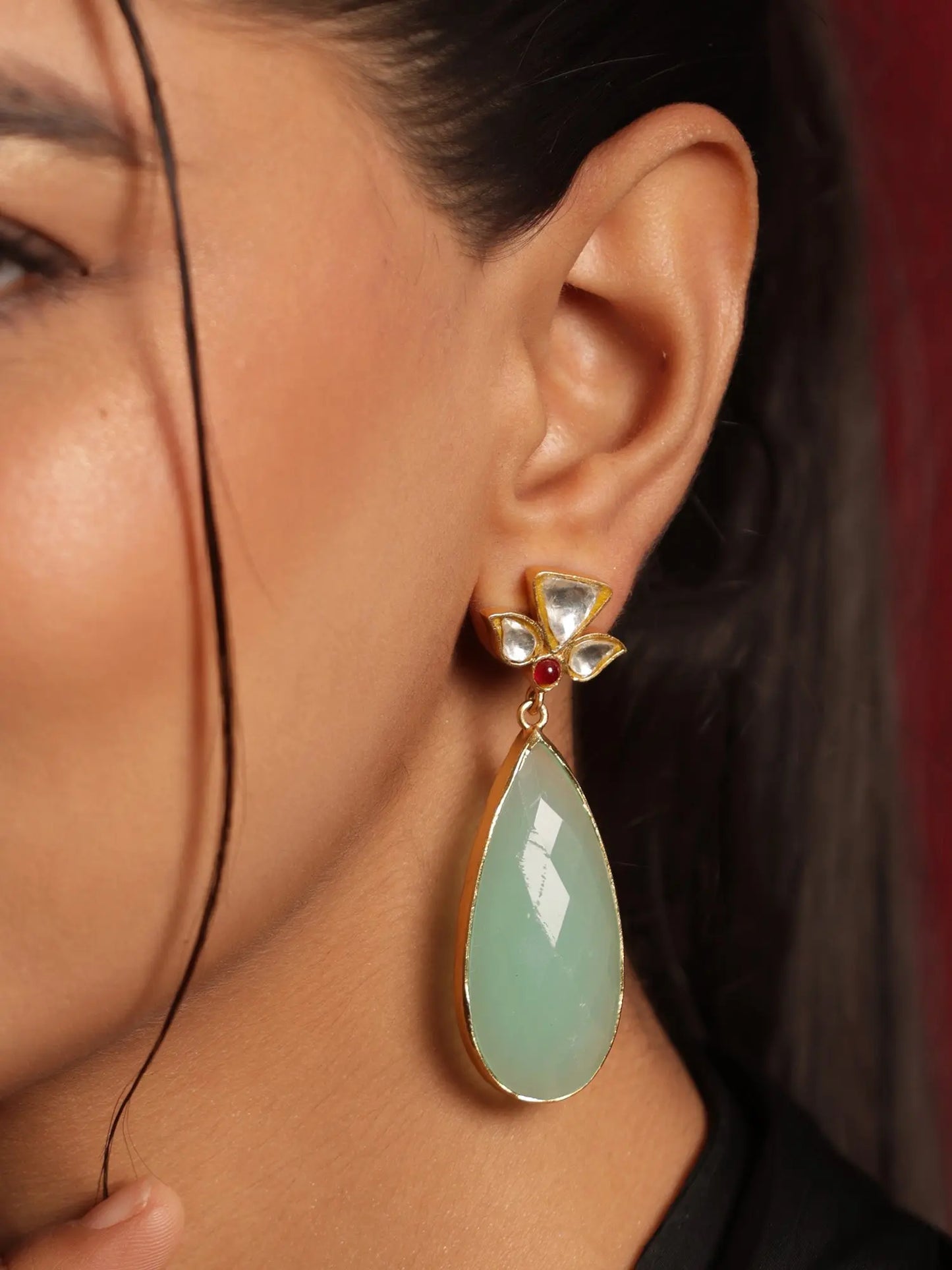 Majestic Mint Green Chalcedony & Uncut Diamond Polki Gold Plated Stud Earrings Jewelry