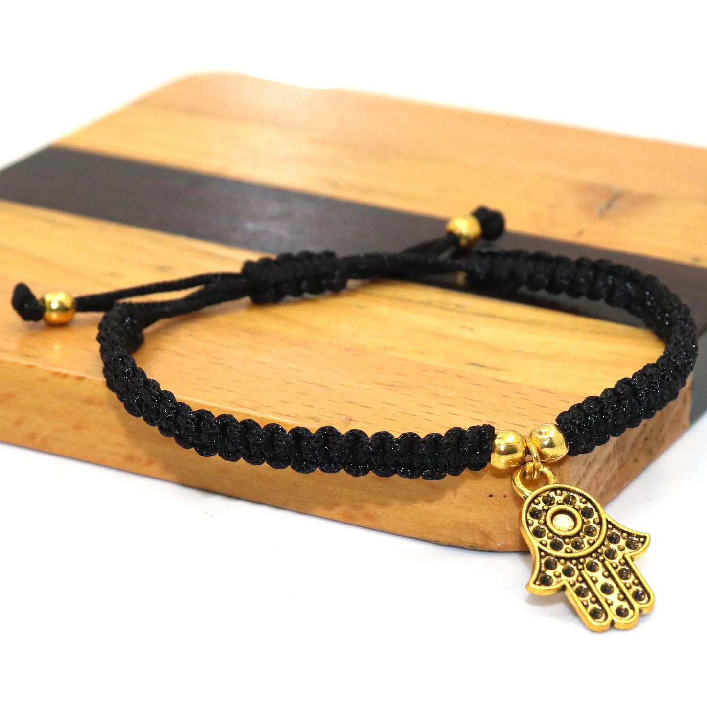 Minimalist Hamsa Hand protection Oxidized pendant Thread Bracelet