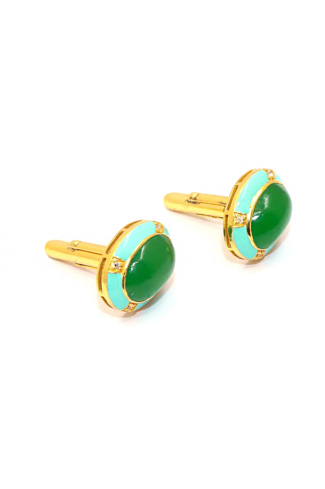 Modern Gentleman’s Gold Plated Enamel Cufflinks with Green Onyx Gemstone Accents Men's Jewelry