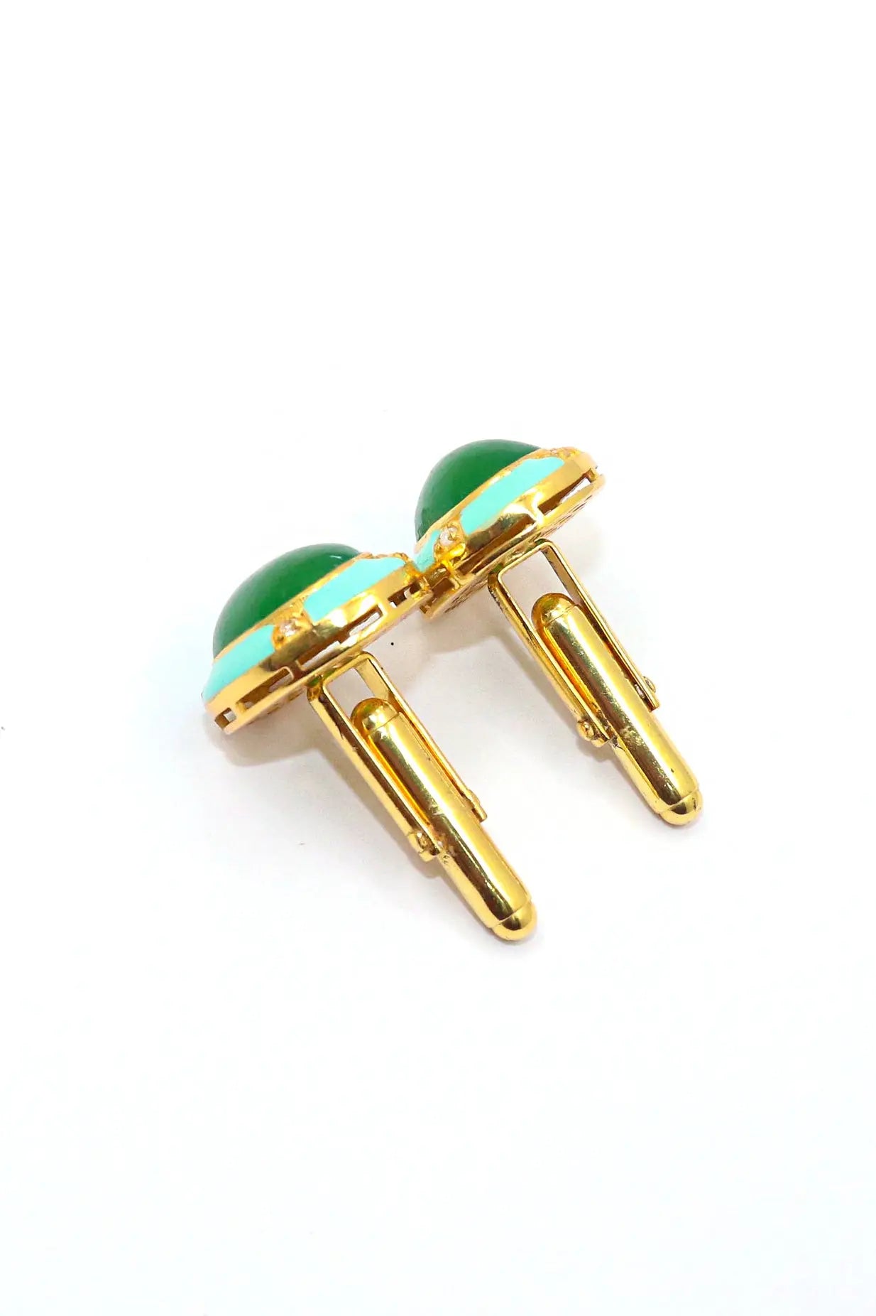 Modern Gentleman’s Gold Plated Enamel Cufflinks with Green Onyx Gemstone Accents Men's Jewelry