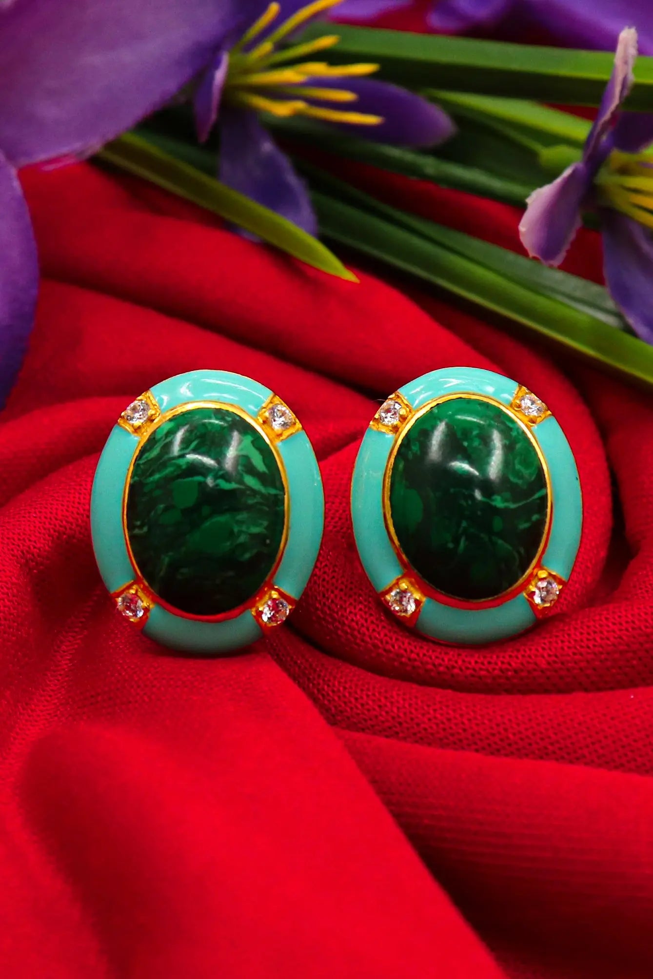 Oval Shape Malachite Gemstone Gold Plated Cufflinks Men's Jewelry