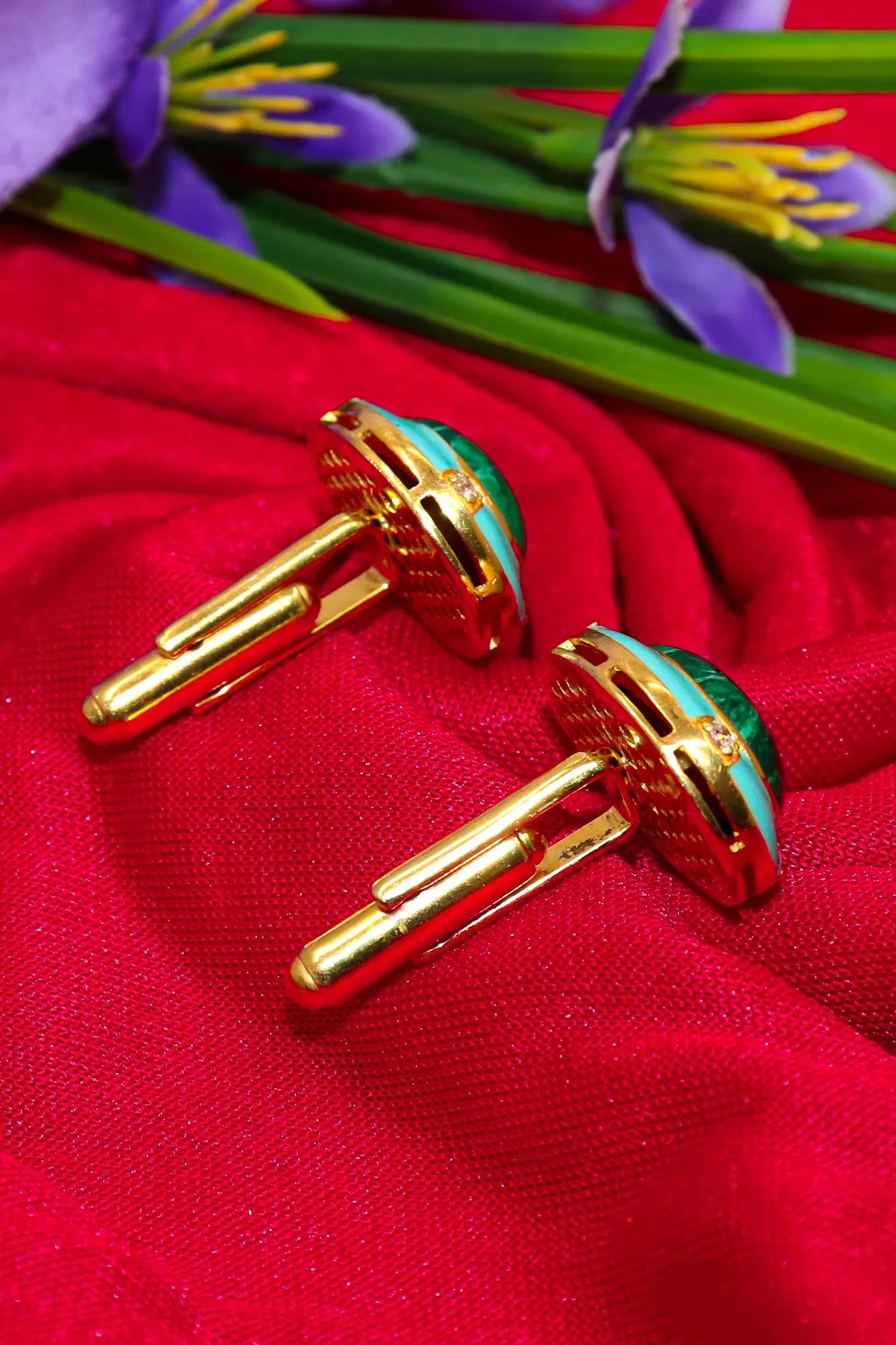 Oval Shape Malachite Gemstone Gold Plated Cufflinks Men's Jewelry