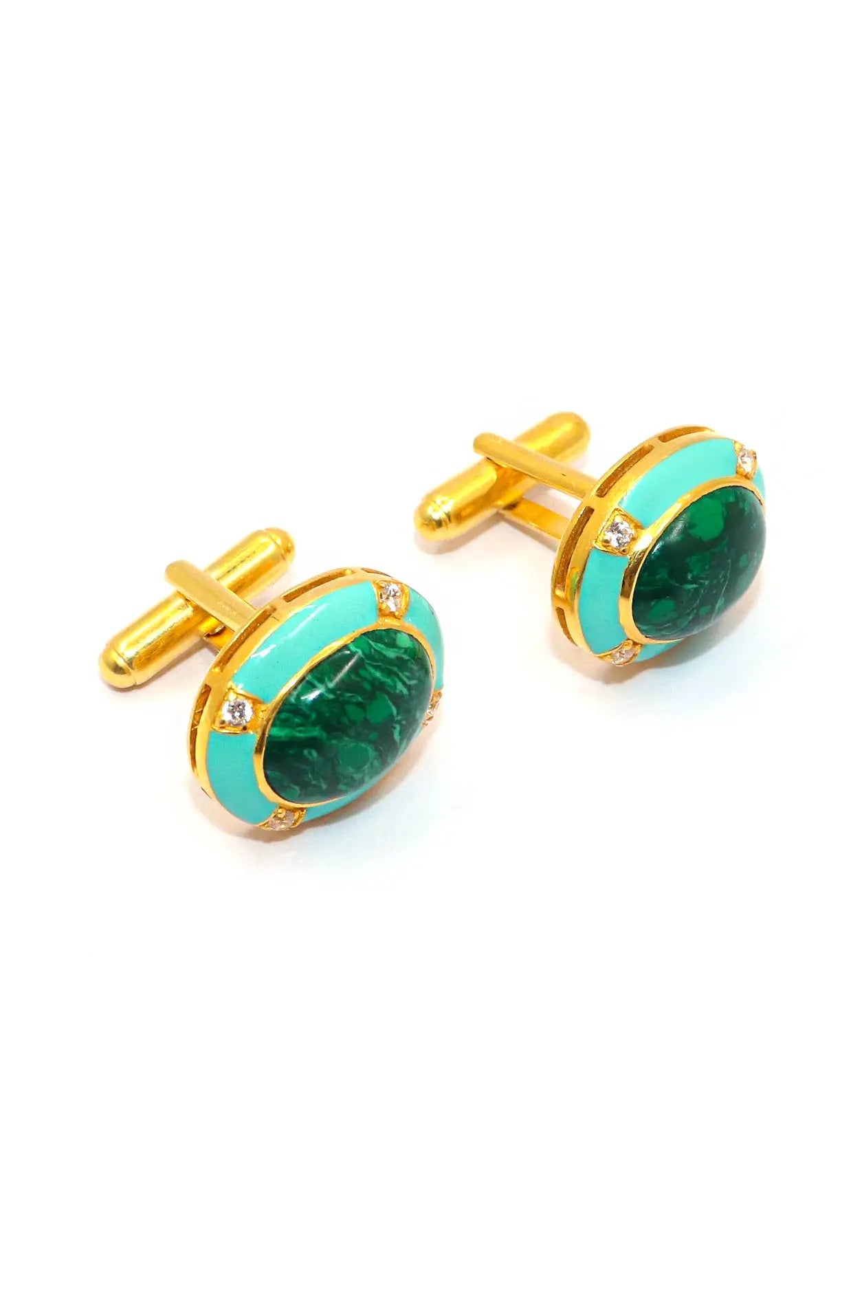 Oval Shape Malachite Gemstone Gold Plated Cufflinks Men's Jewelry