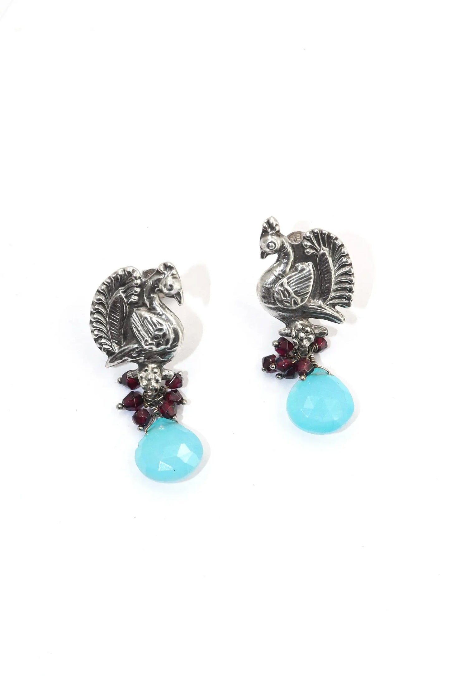 Peacock Style Earrings with Garnet and  Blue Chalcedony Gemstones