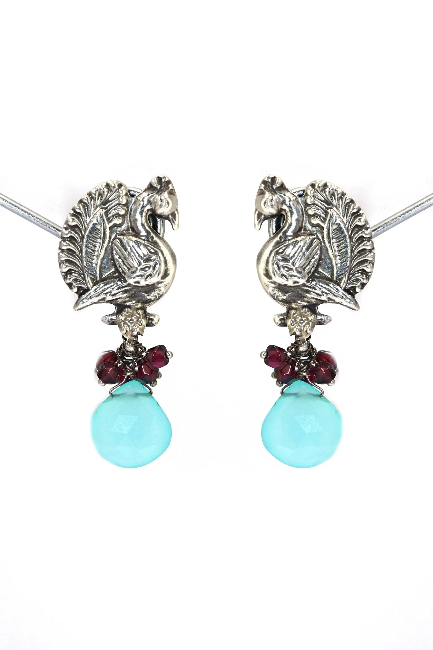 Peacock Style Earrings with Garnet and  Blue Chalcedony Gemstones