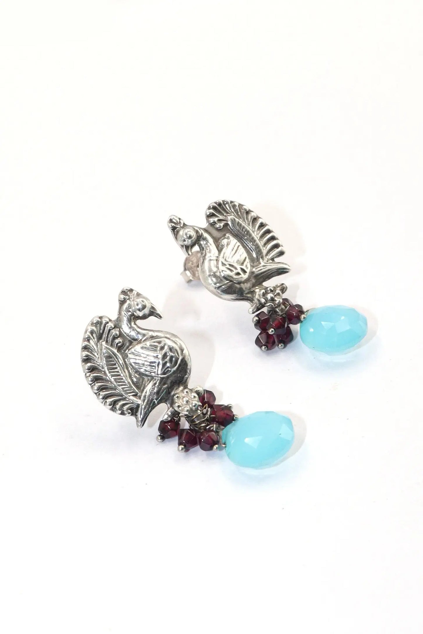 Peacock Style Earrings with Garnet and  Blue Chalcedony Gemstones