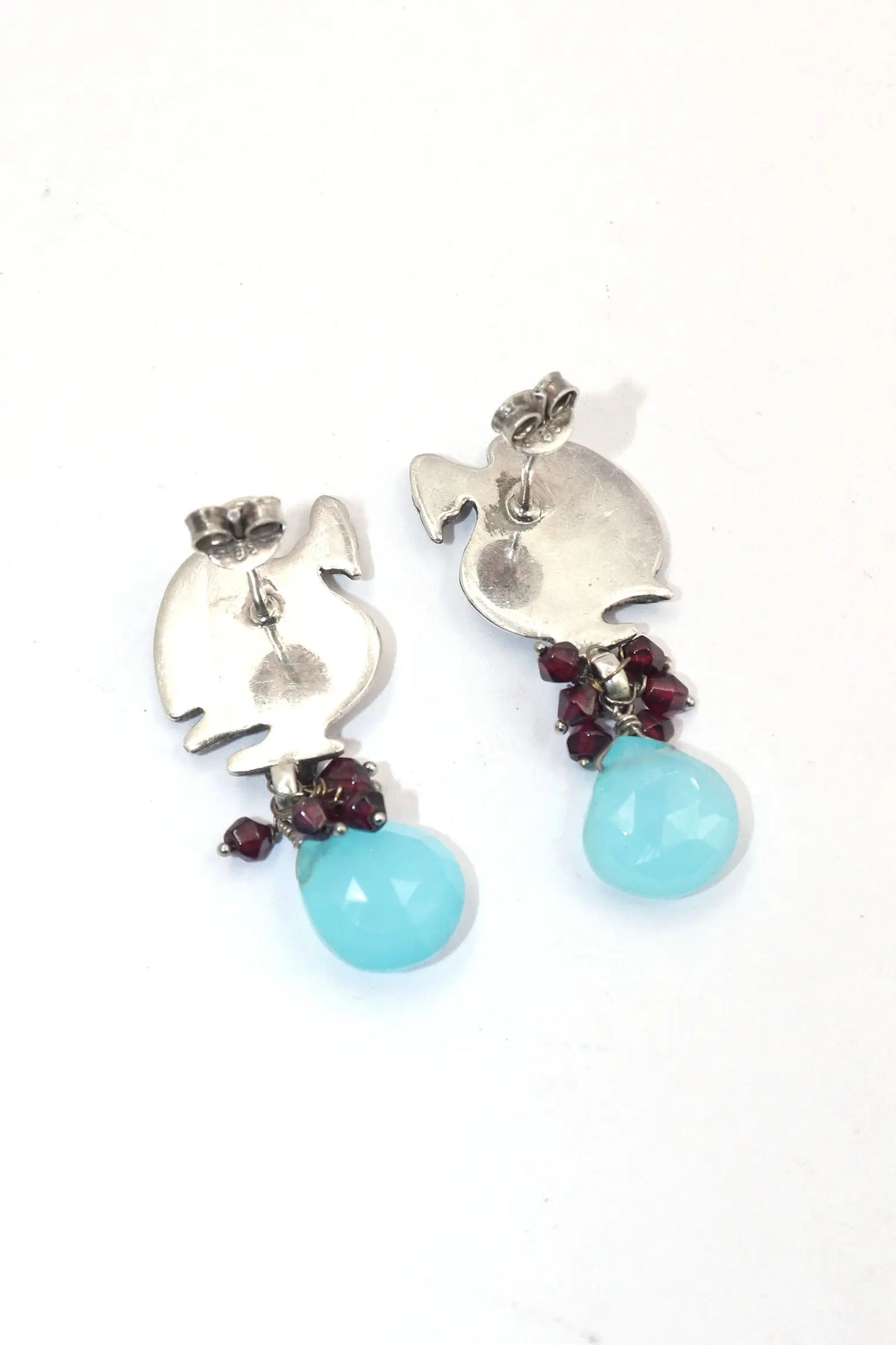 Peacock Style Earrings with Garnet and  Blue Chalcedony Gemstones