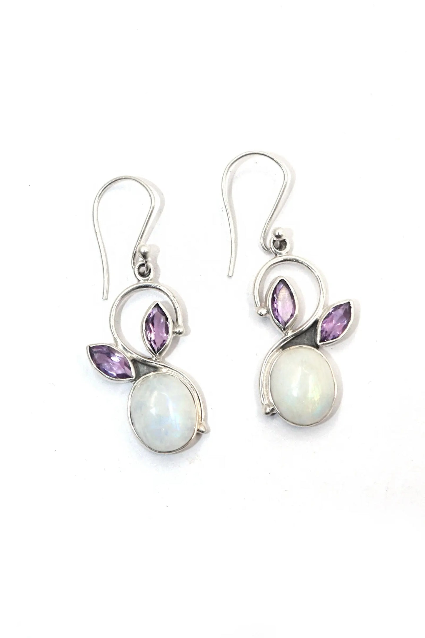 Perfectly Polished Elegant Rainbow Moonstone And Amethyst Gemstone Earrings