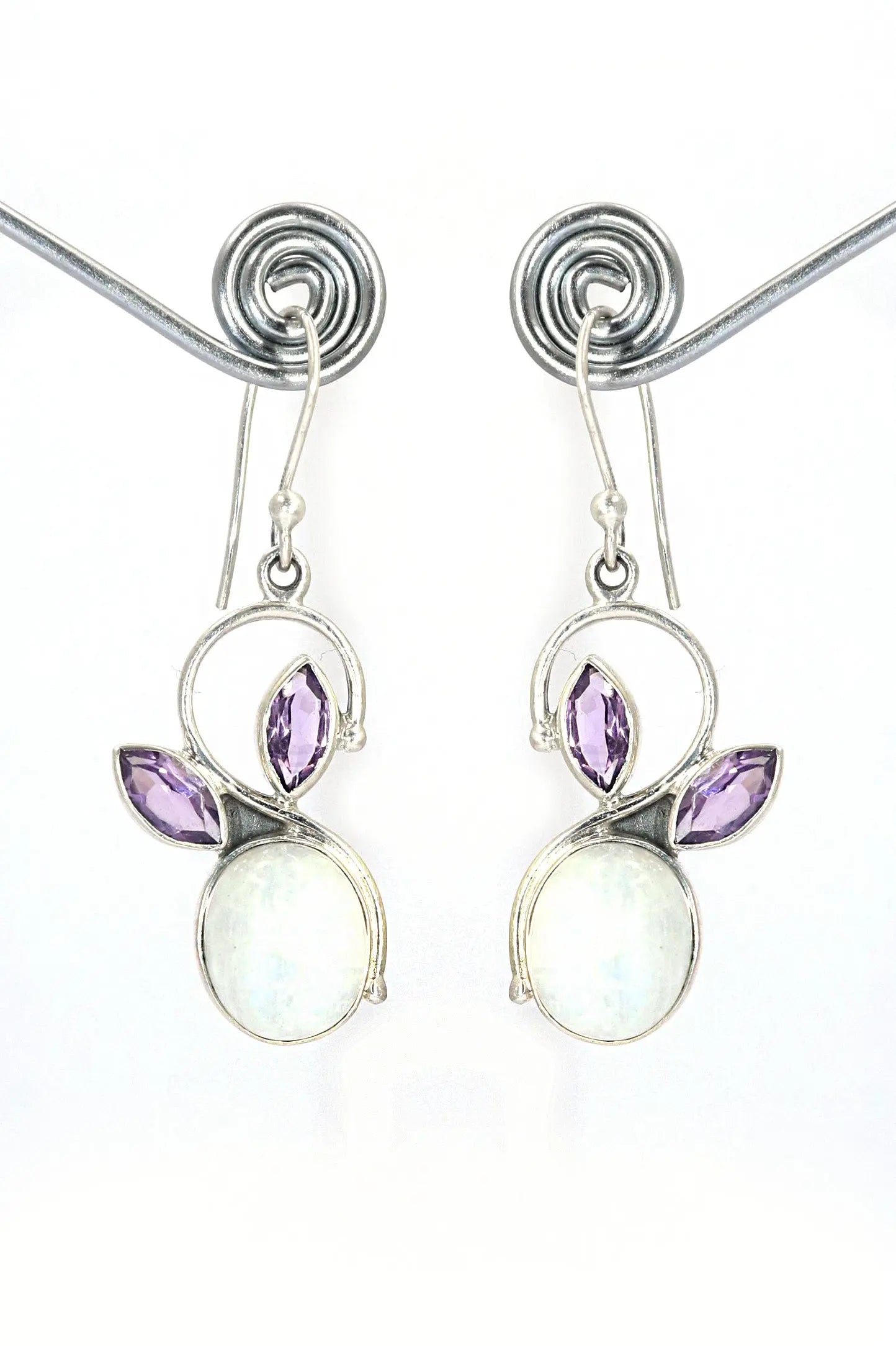 Perfectly Polished Elegant Rainbow Moonstone And Amethyst Gemstone Earrings