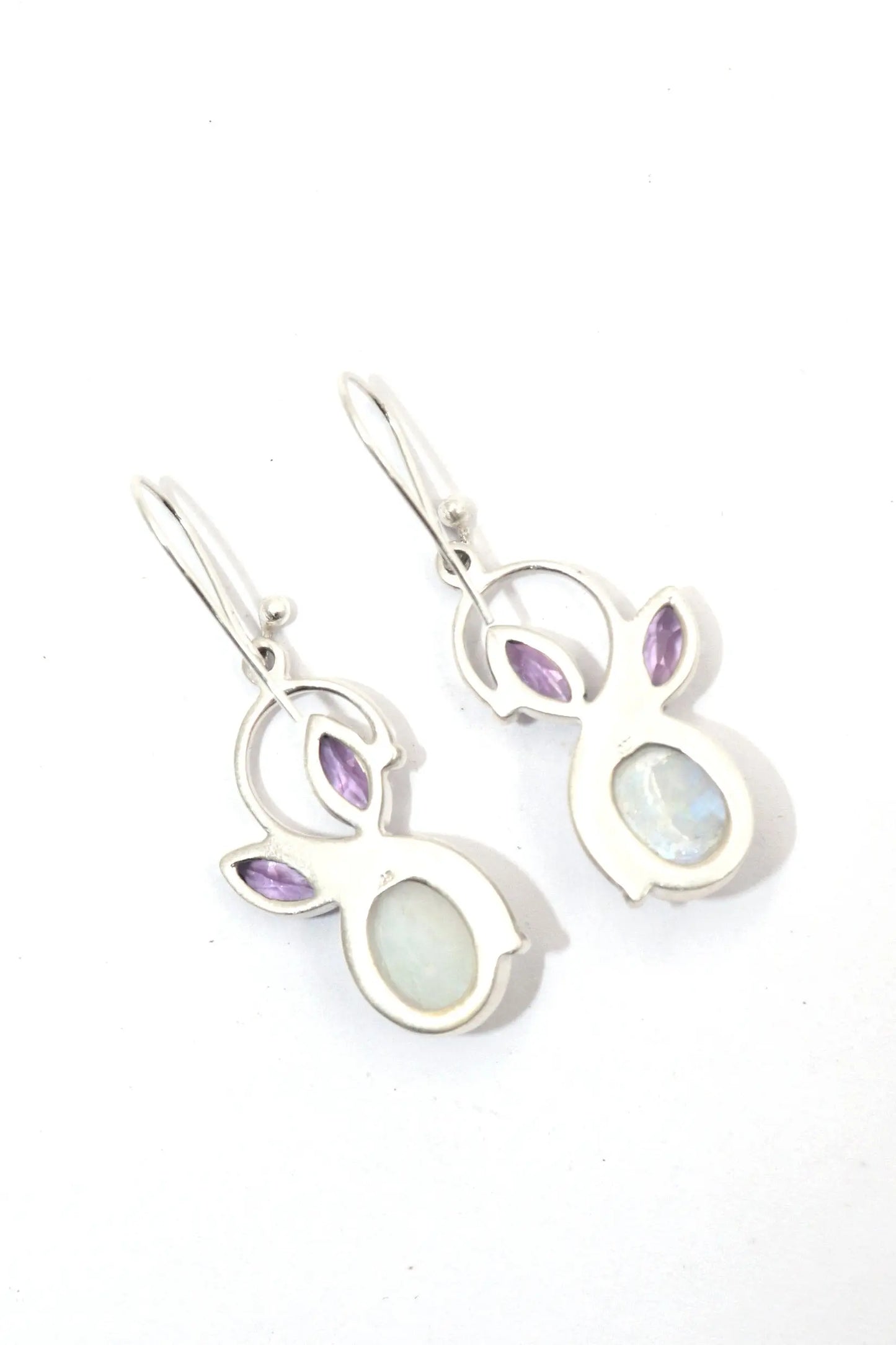 Perfectly Polished Elegant Rainbow Moonstone And Amethyst Gemstone Earrings