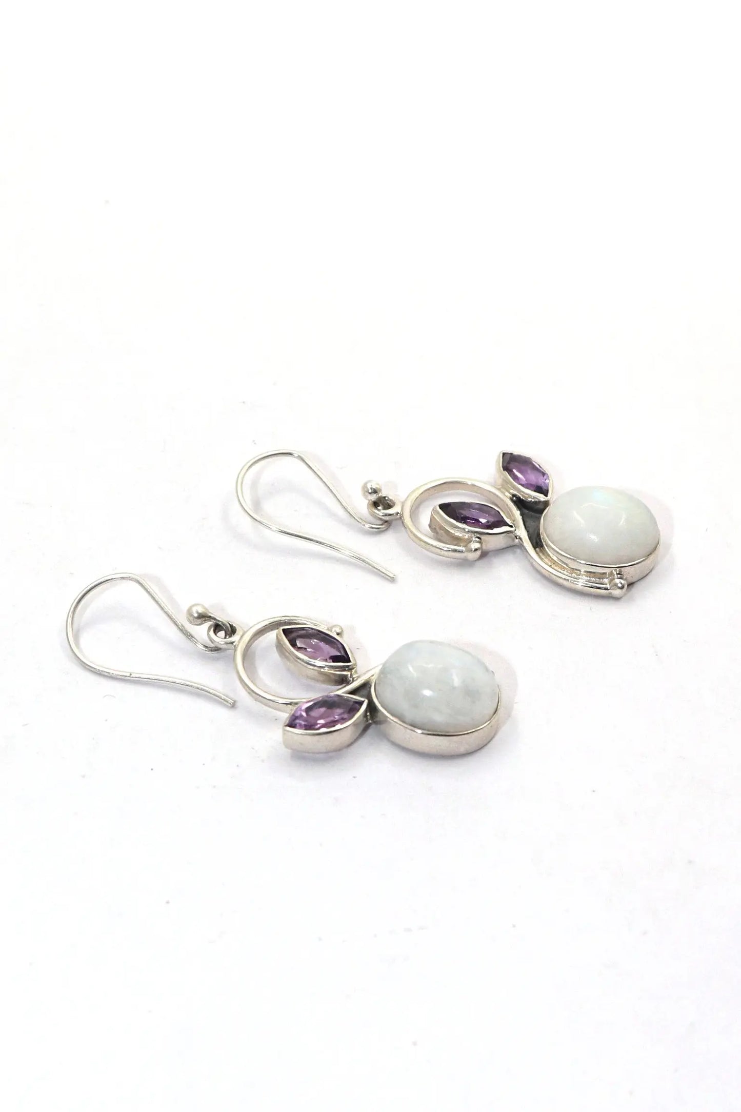 Perfectly Polished Elegant Rainbow Moonstone And Amethyst Gemstone Earrings