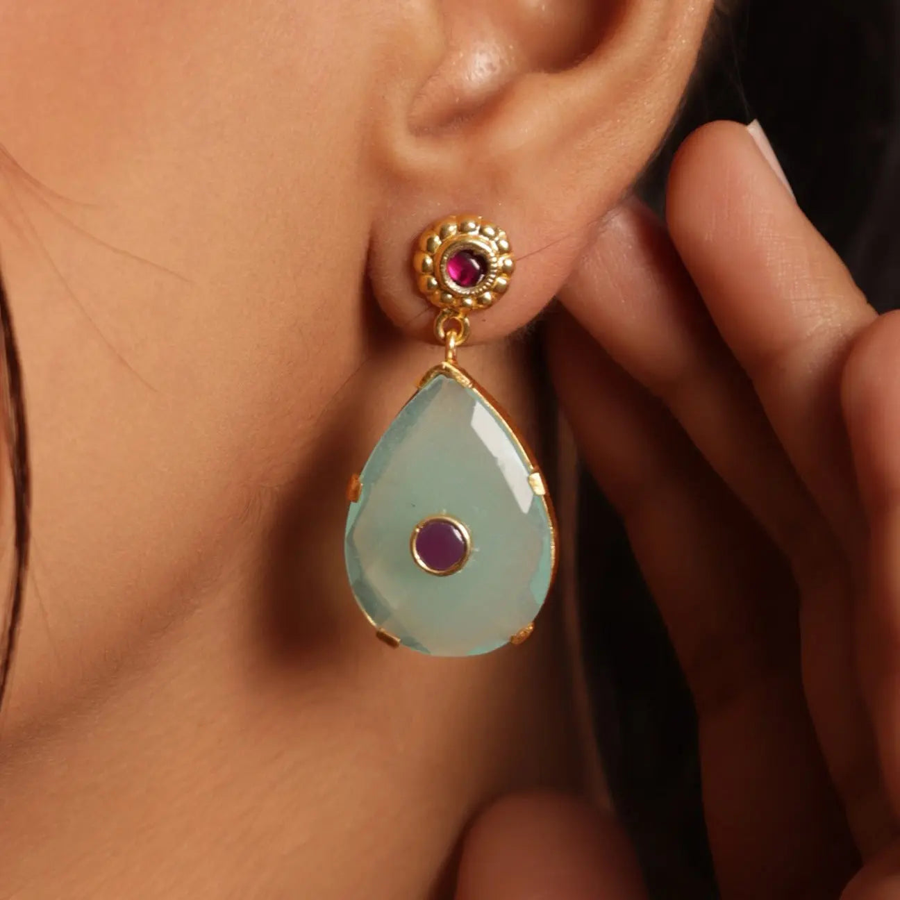 Radiant Mint Green Chalcedony Gold Plated Long Stud Earrings Jewelry