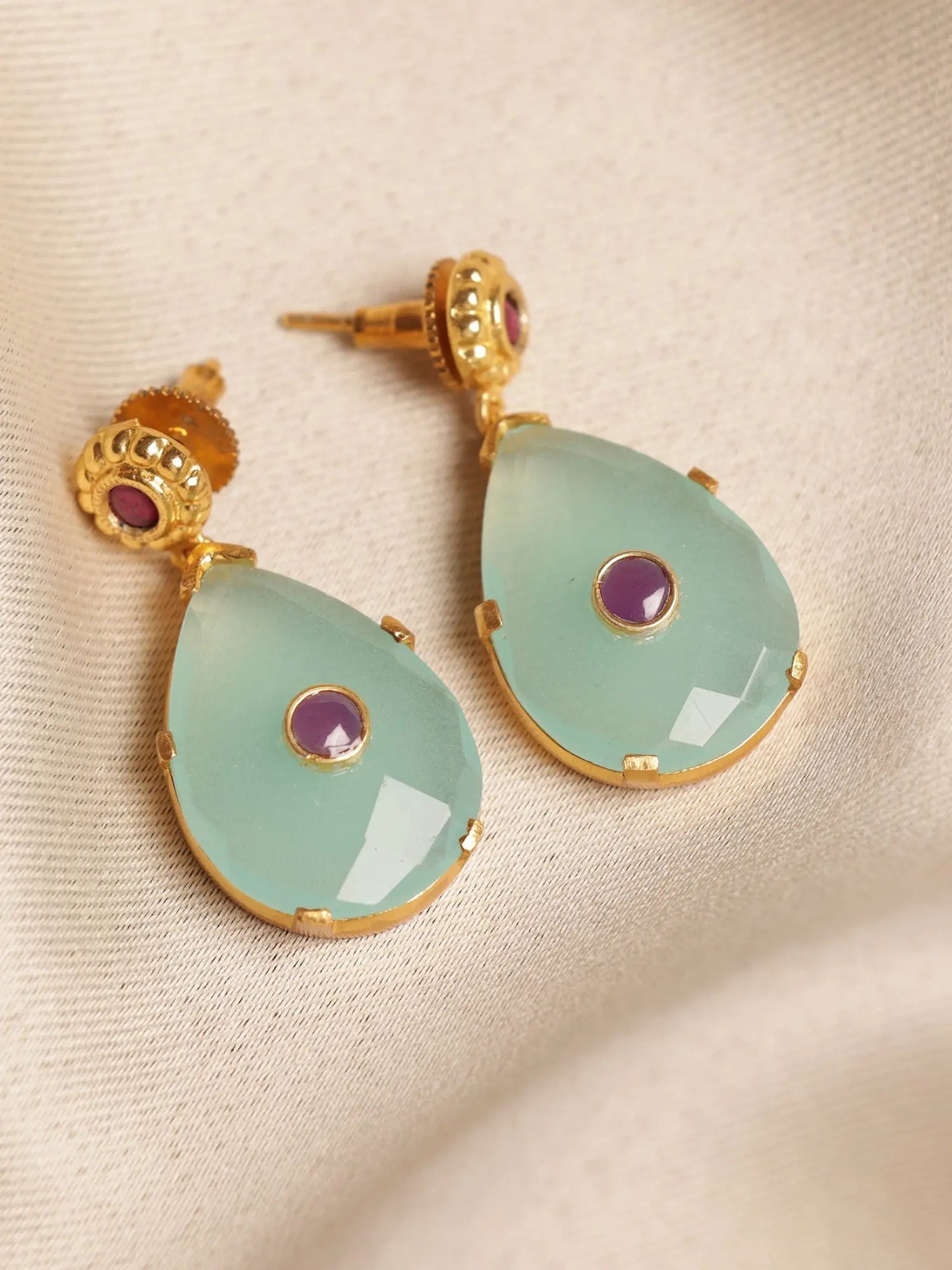 Radiant Mint Green Chalcedony Gold Plated Long Stud Earrings Jewelry