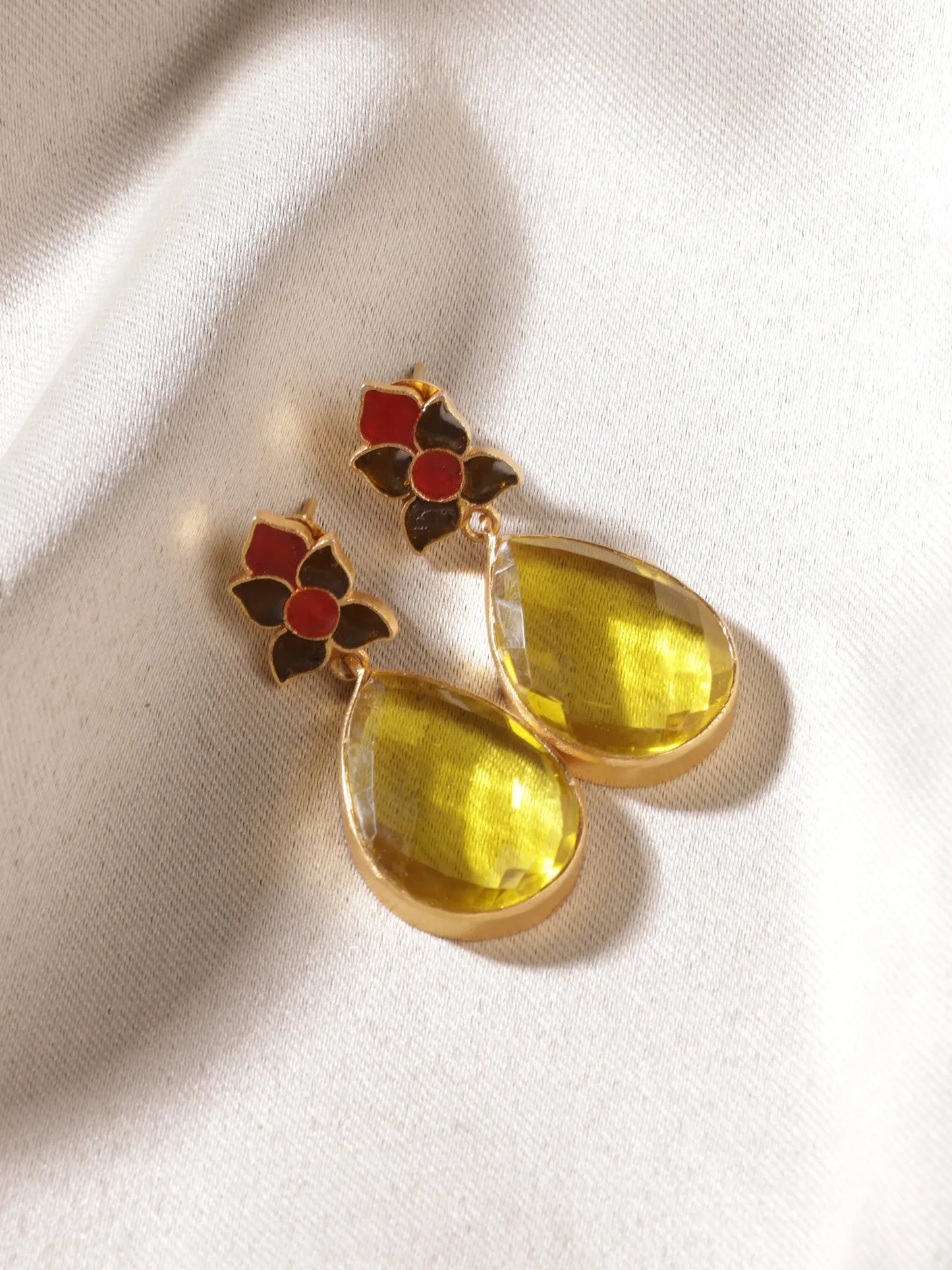 Rare Yellow Quartz Minakari Gold Plated Stud Earrings Jewelry