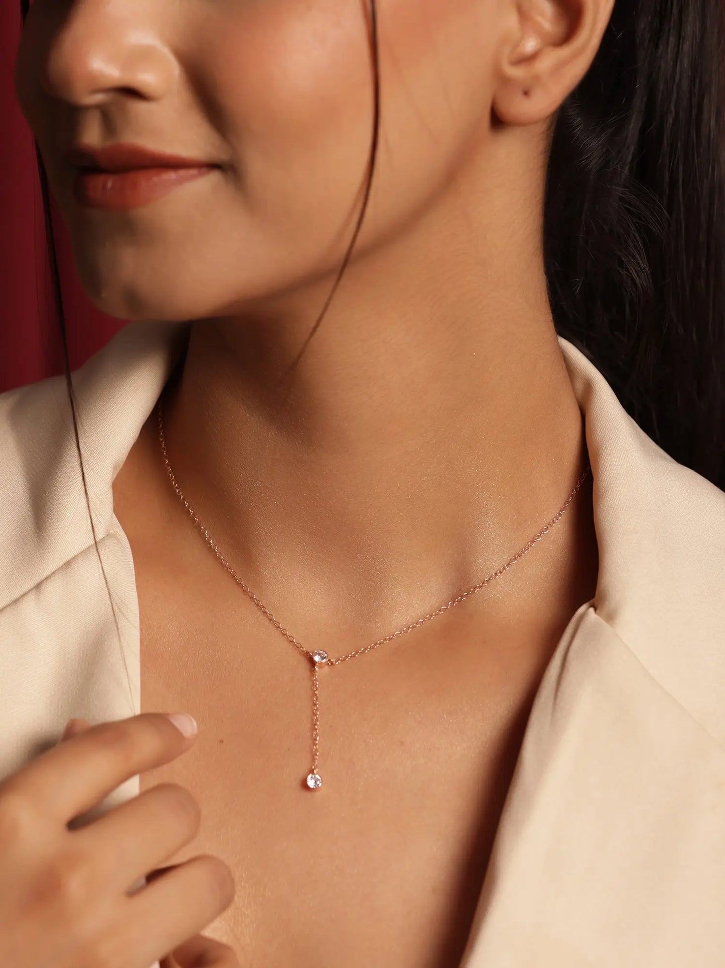 Rose Gold Plated CZ Charm Minimalist Lariat Necklace Jewelry