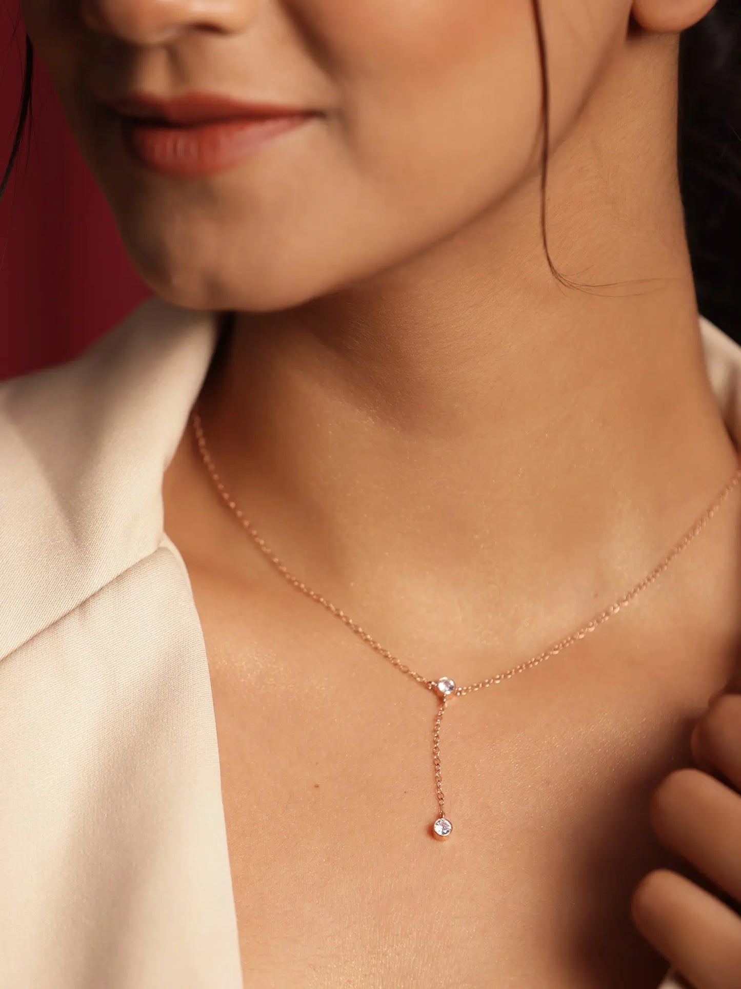 Rose Gold Plated CZ Charm Minimalist Lariat Necklace Jewelry