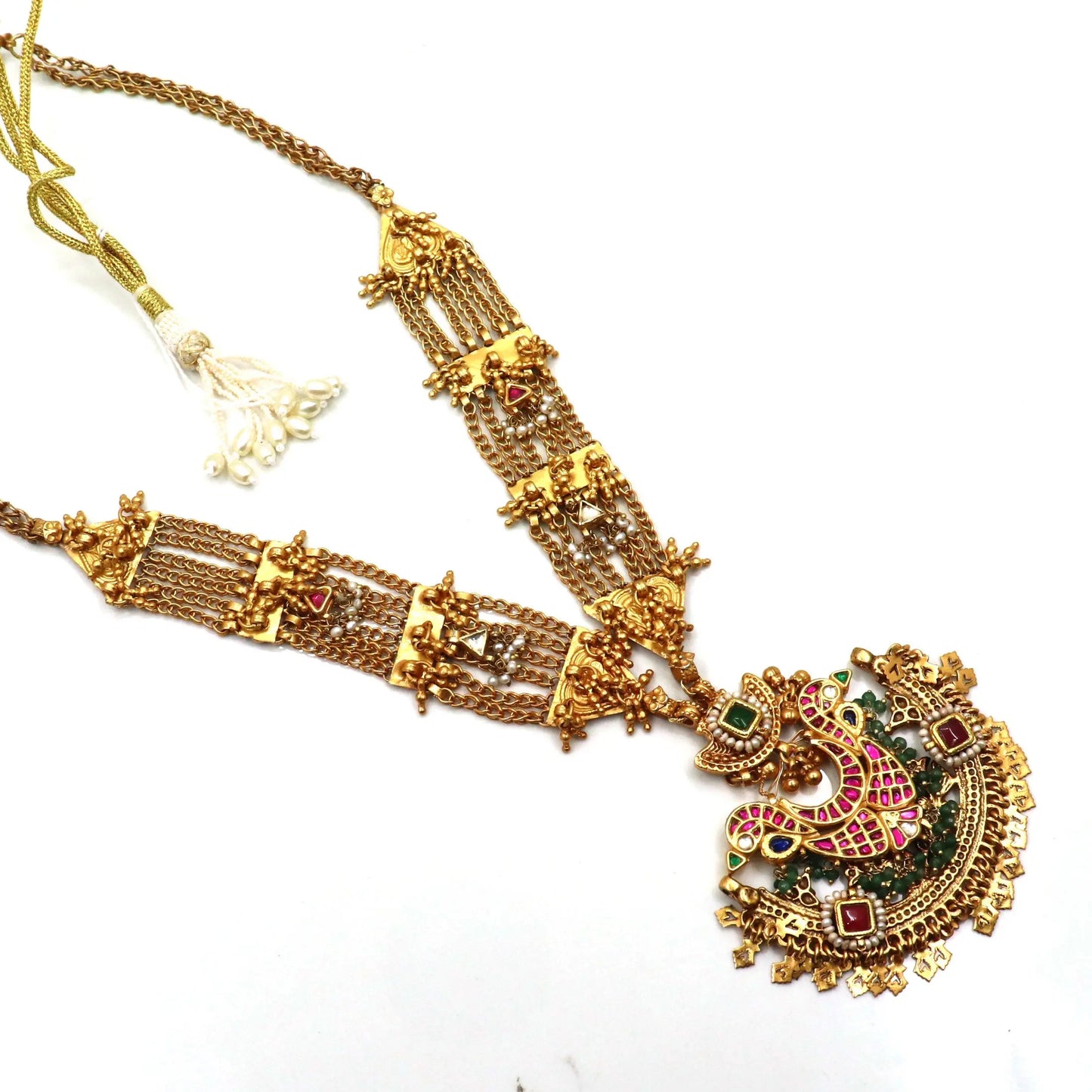 Semi Precious Gemstone With Pearl, Moissanite And Enamel Traditional Gold Plated Necklace Jewelry VJewels