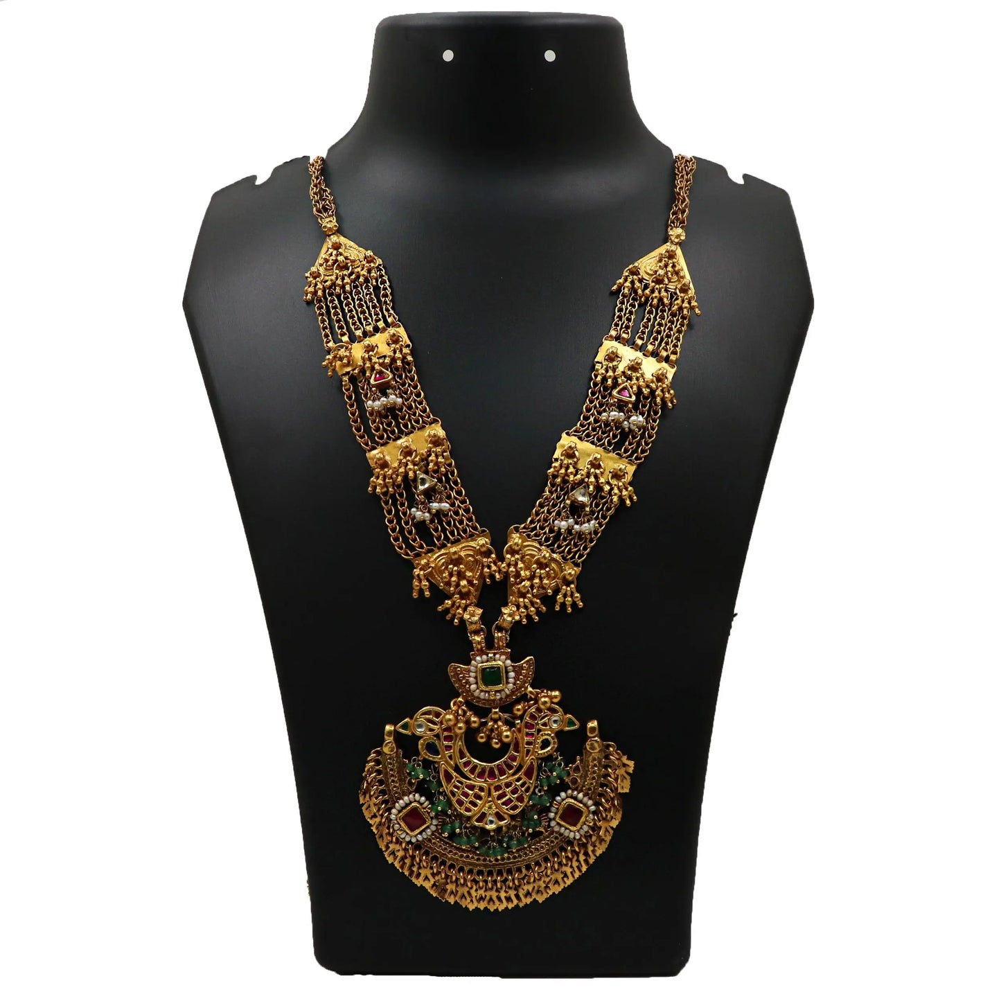 Semi Precious Gemstone With Pearl, Moissanite And Enamel Traditional Gold Plated Necklace Jewelry VJewels